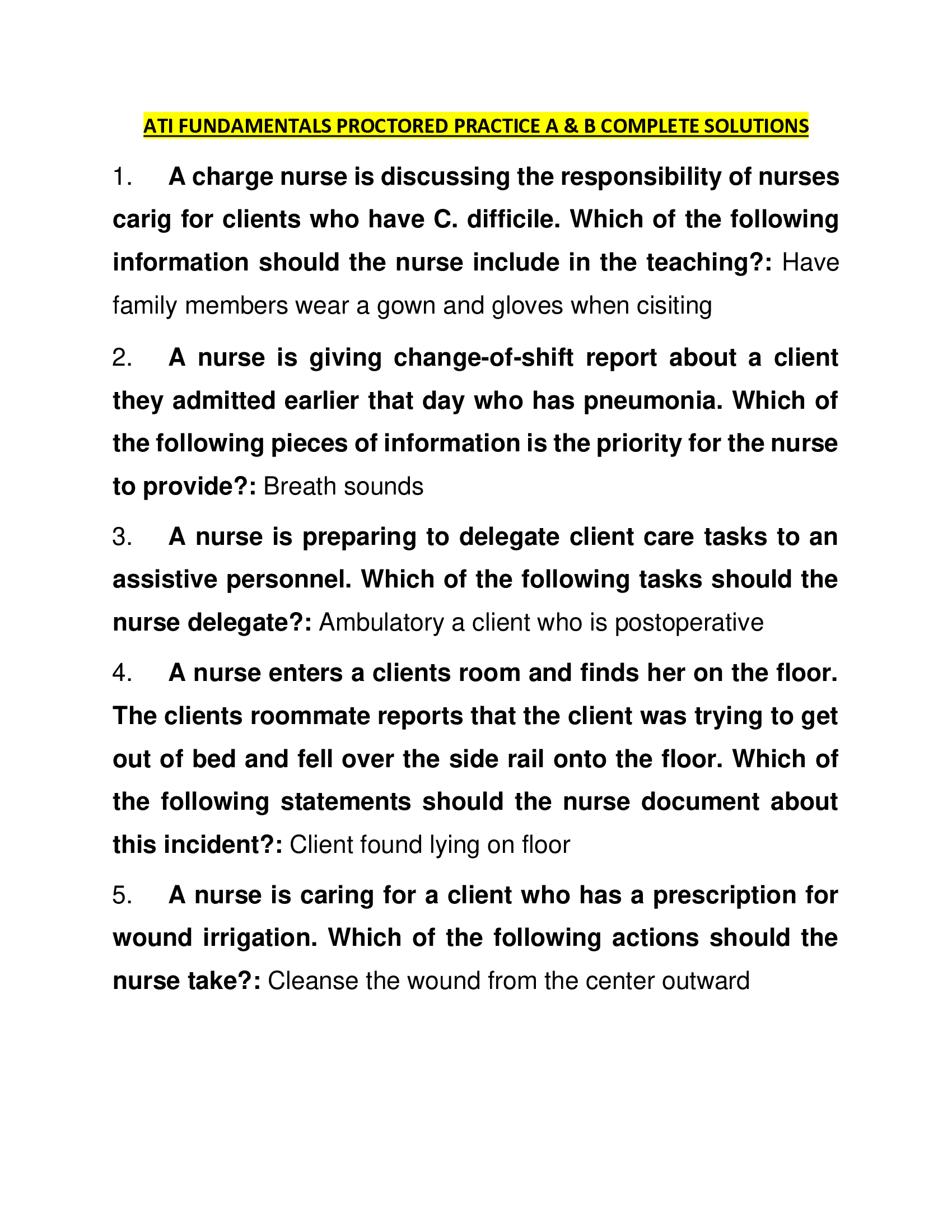 ATI FUNDAMENTALS PROCTORED PRACTICE A & B COMPLETE SOLUTIONS 2022, 2023