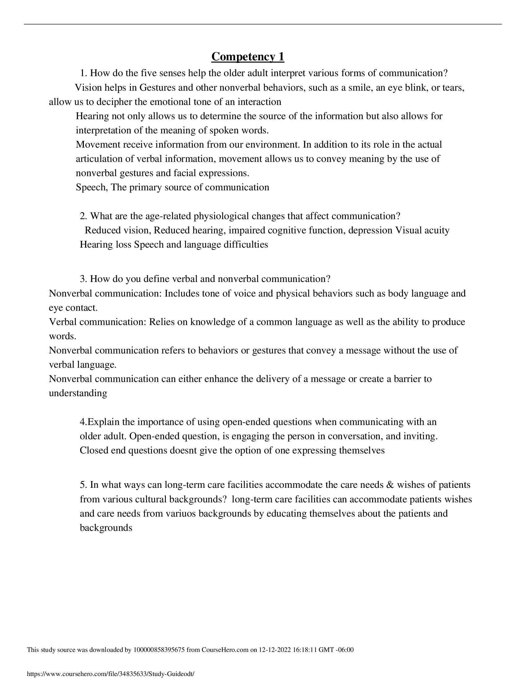 Care of the elderly c475 Competency 1 Study Guide 2022