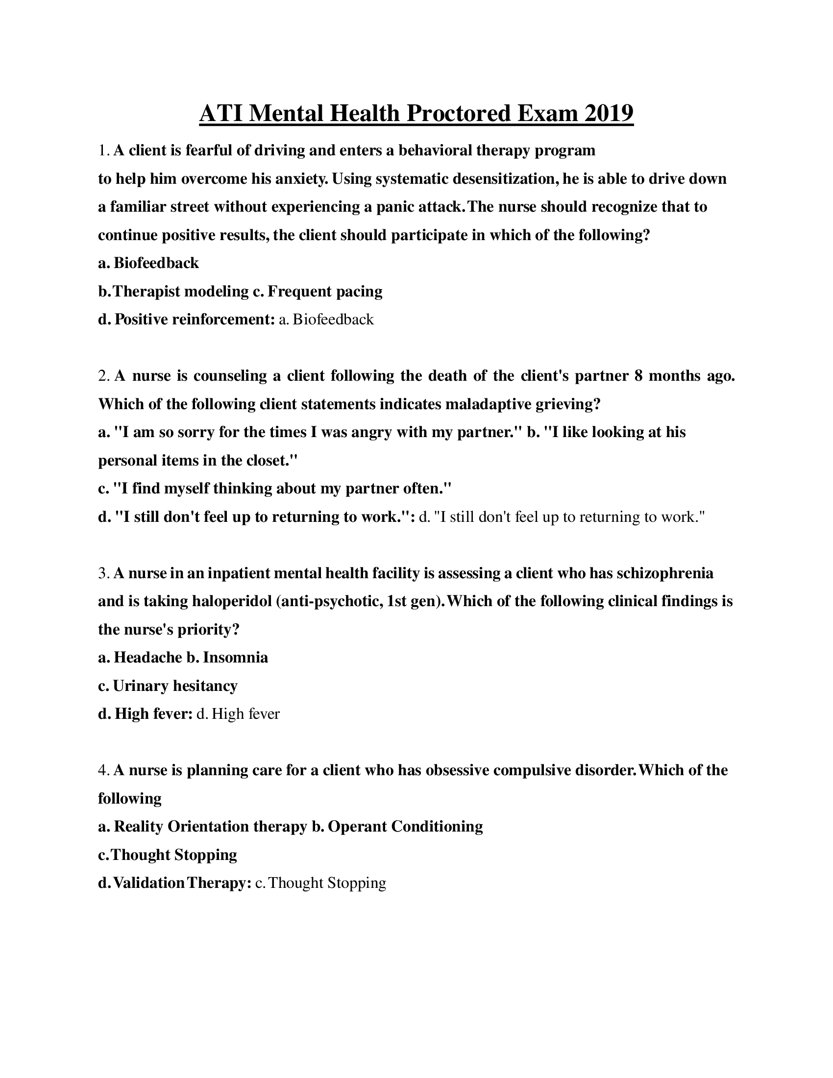 ATI Mental Health Proctored Exam 2019