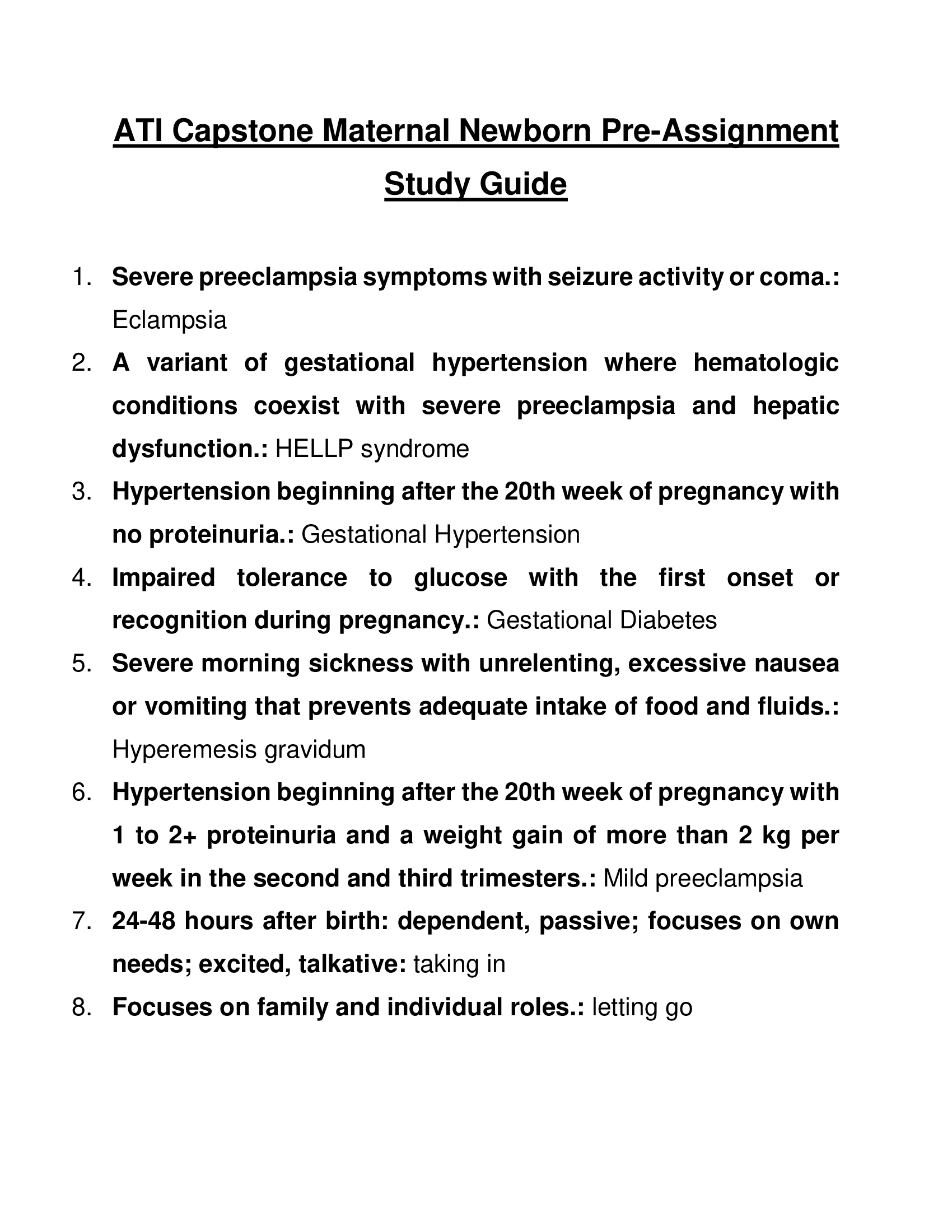 ATI Capstone Maternal Newborn Pre-Assignment Study Guide