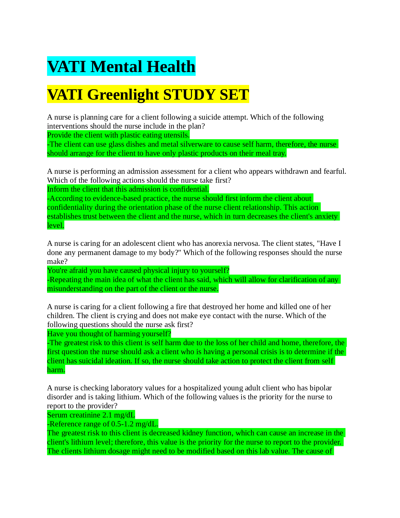 2022 NR 222 VATI Mental Health VATI Greenlight STUDY SET Questions and Answers