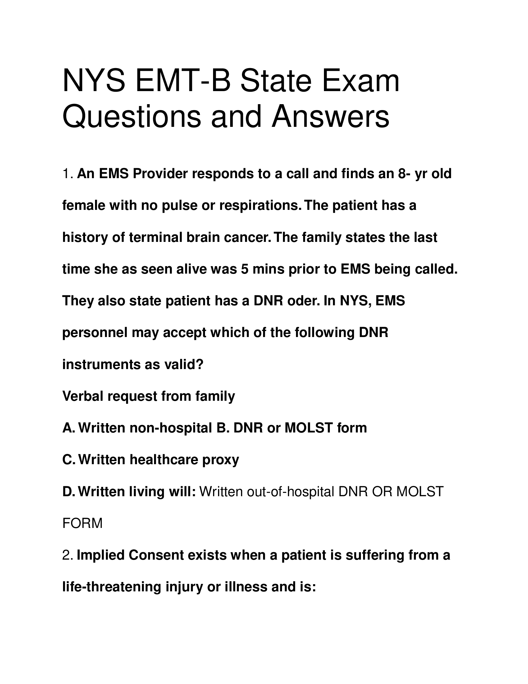 NYS EMT-B State Exam Questions and Answers 2024