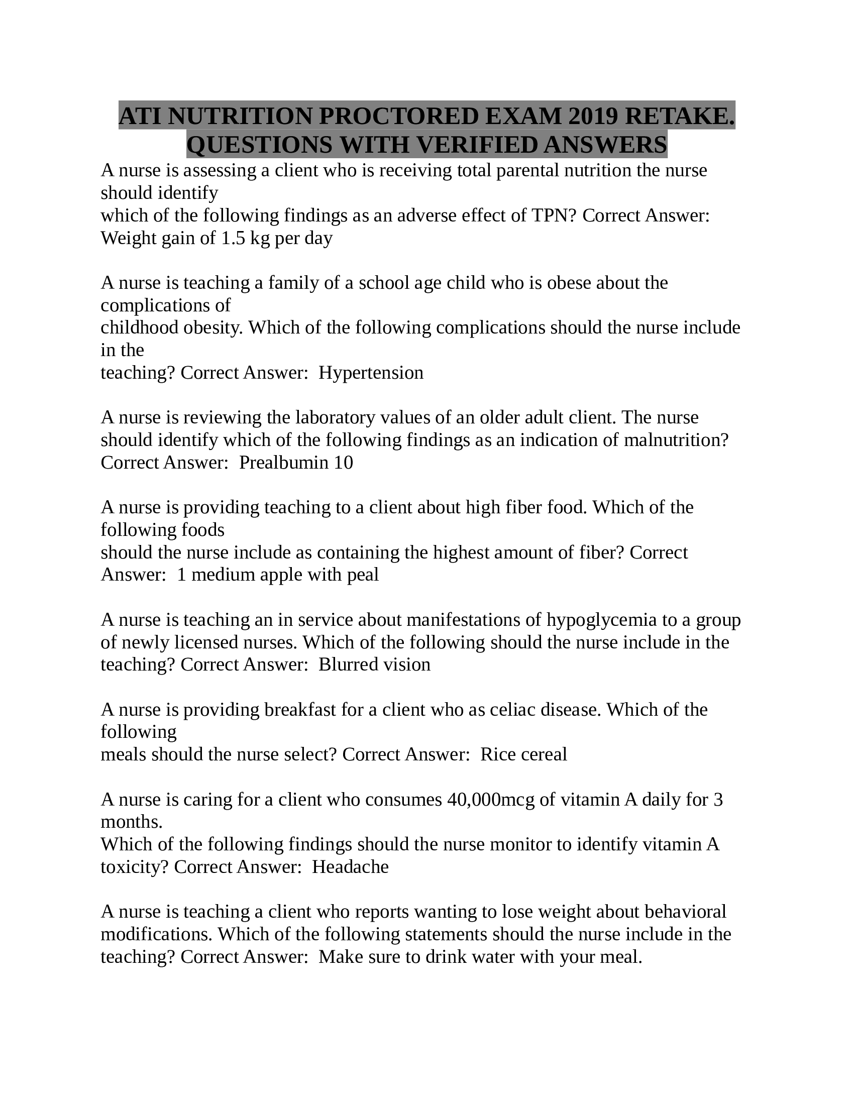 ATI NUTRITION PROCTORED EXAM RETAKE 2019