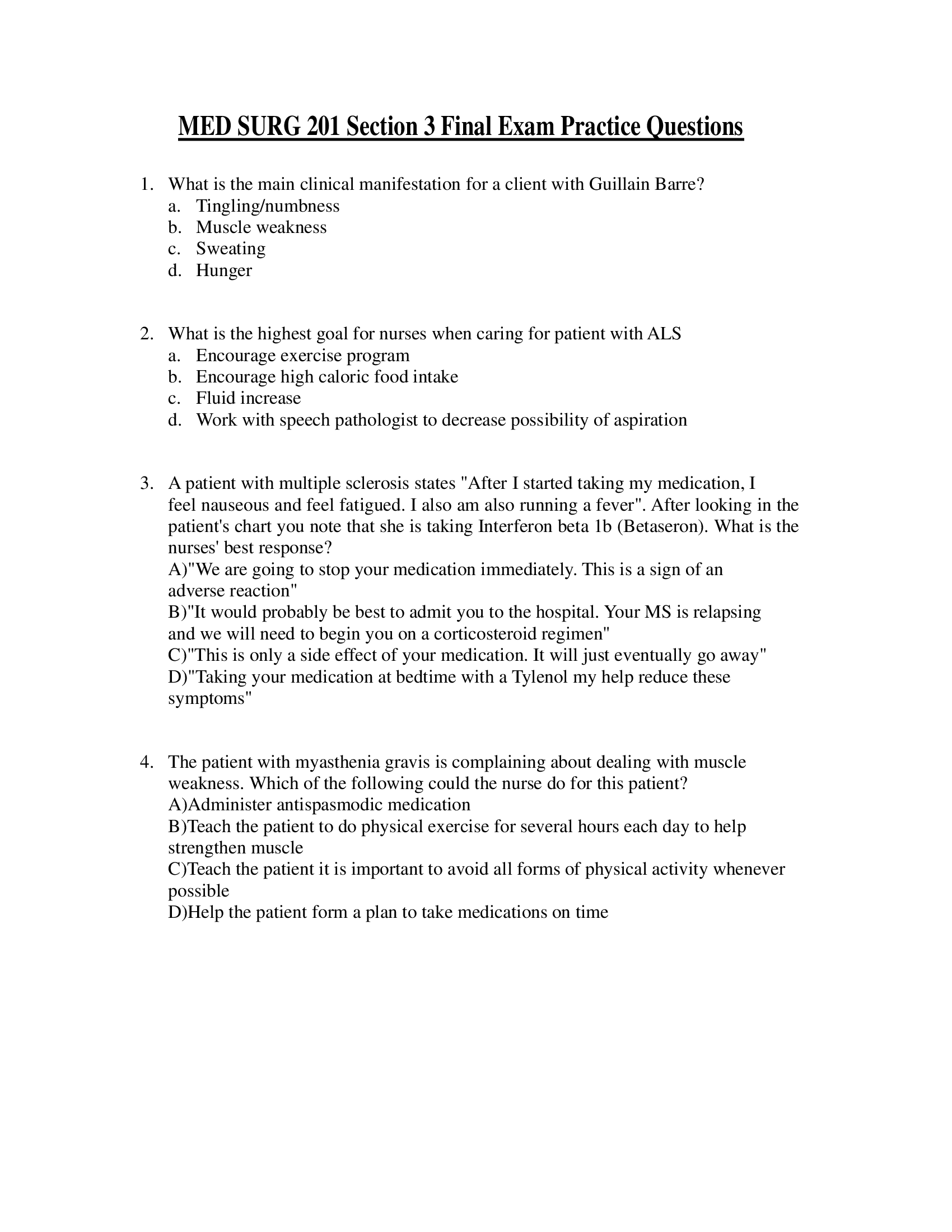 MED SURG 201 Section 3 Final Exam Practice Questions 2022.2023