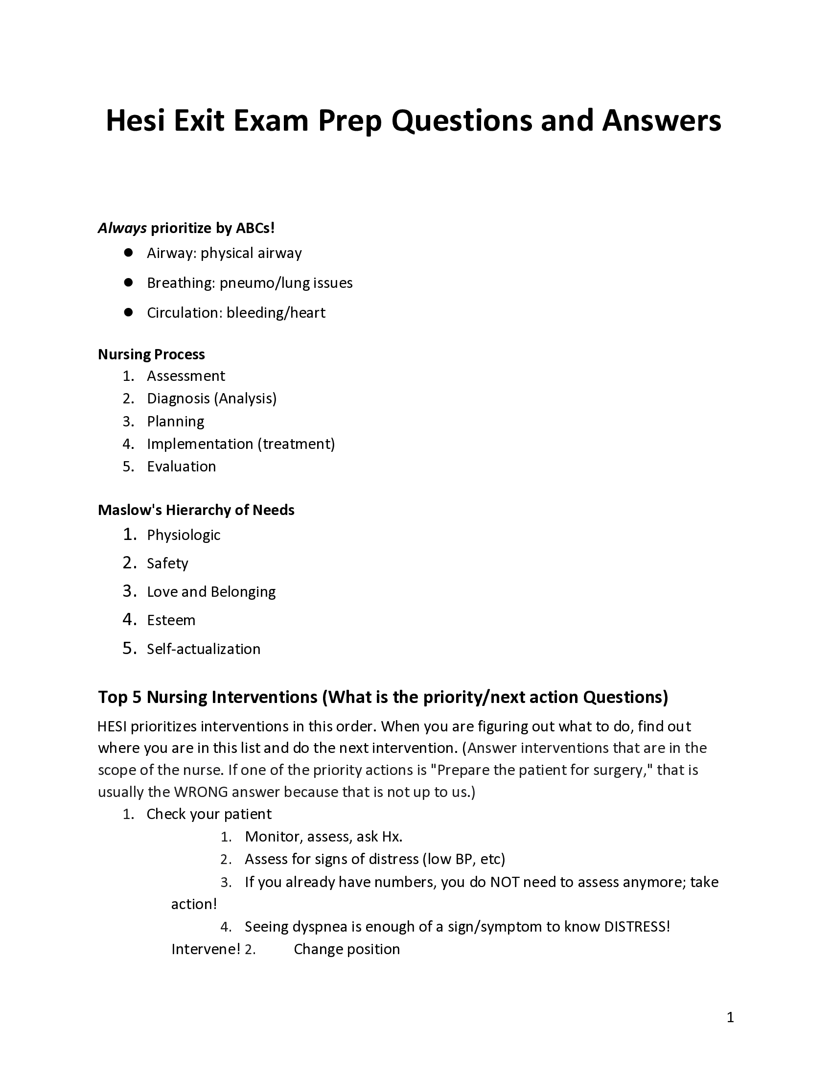 Hesi Exit Exam Prep Questions and Answers
