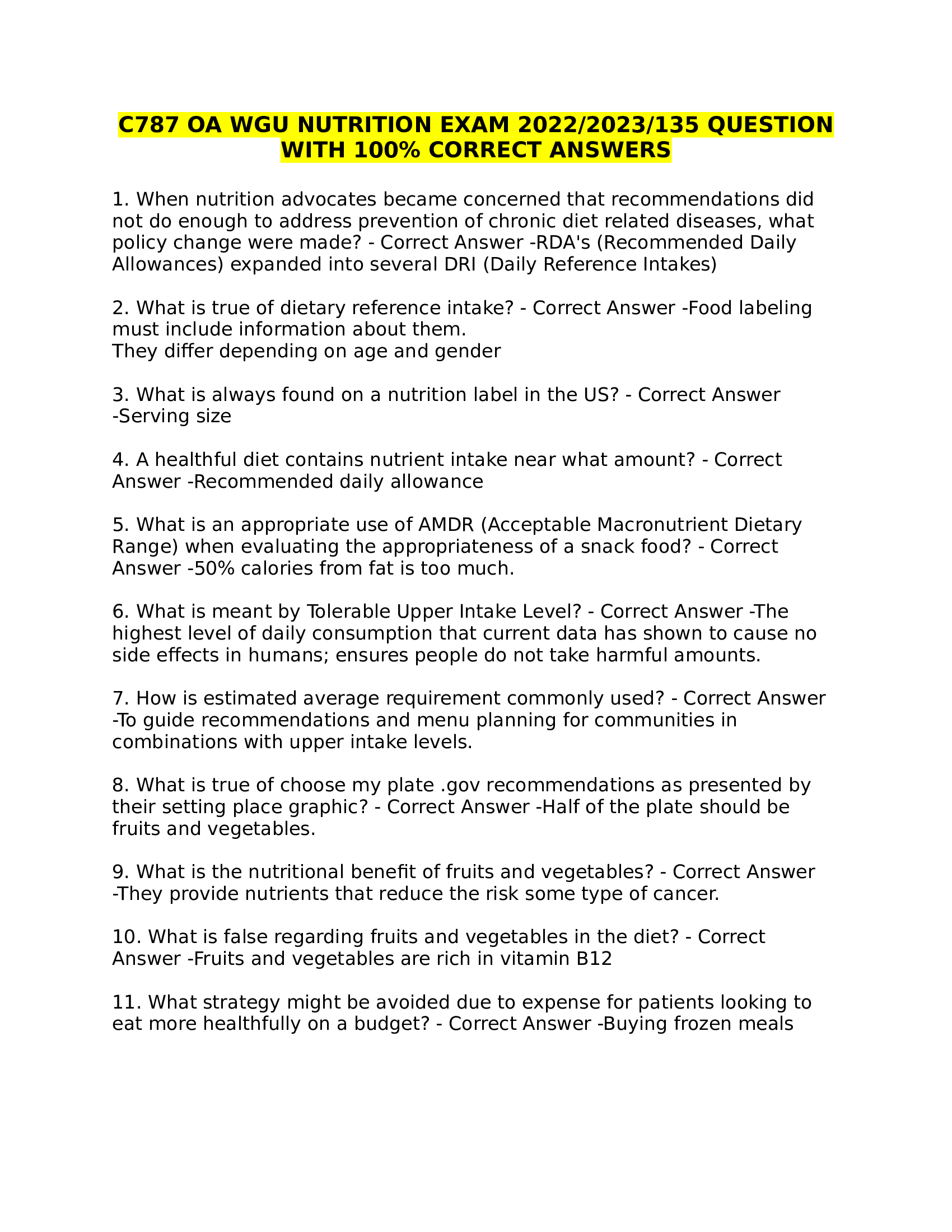 C787 OA WGU NUTRITION EXAM 2022  135 QUESTIONWITH 100 CORRECT ANSWERS