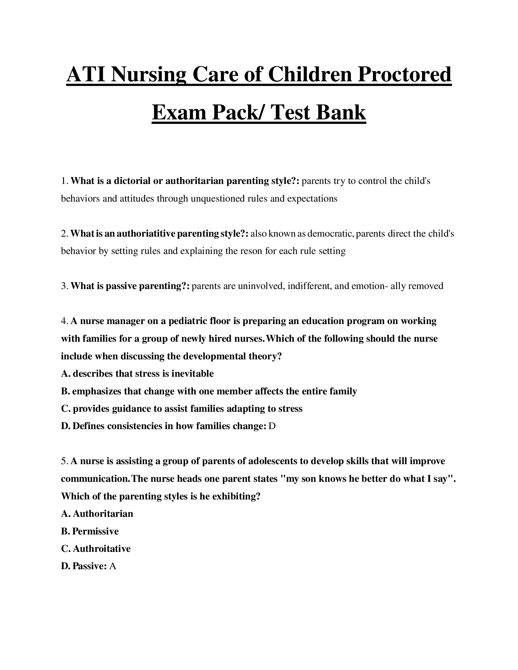ATI Nursing Care of Children Proctored Exam Pack, Test Bank
