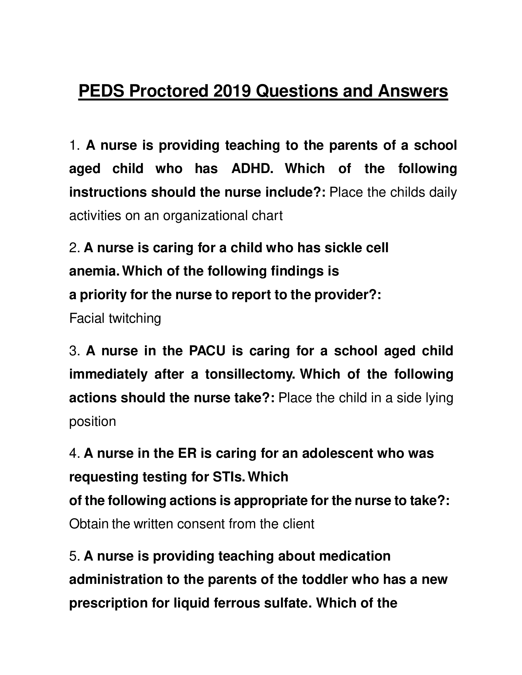 PEDS Proctored 2019 Questions and Answers