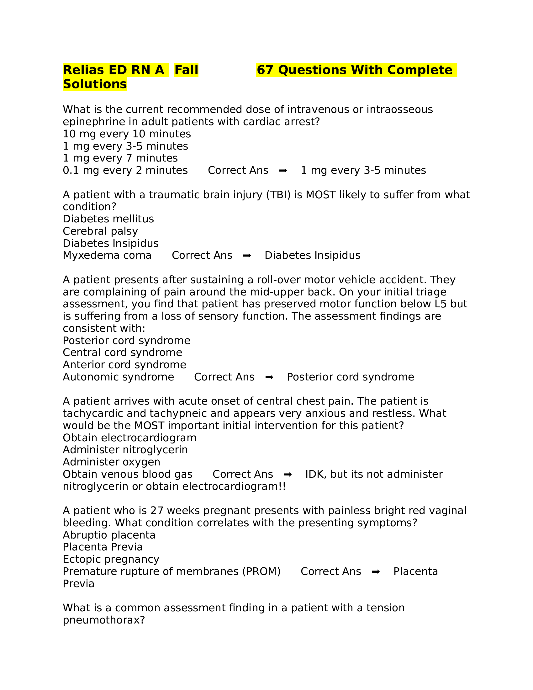 (answered)Relias ED RN A, Complete Test Fall 2023