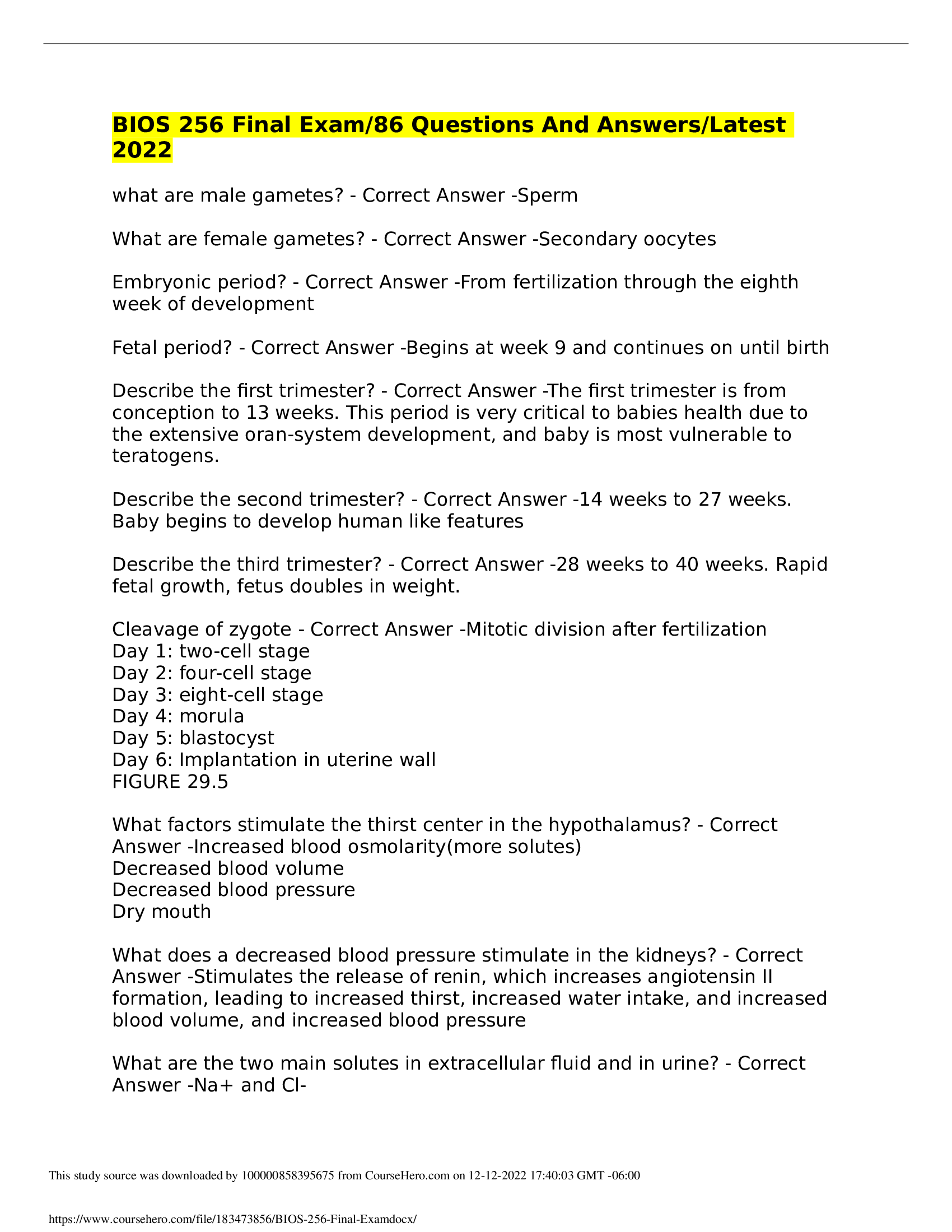 BIOS 256 Final Exam 86 Questions And Answers Latest2022