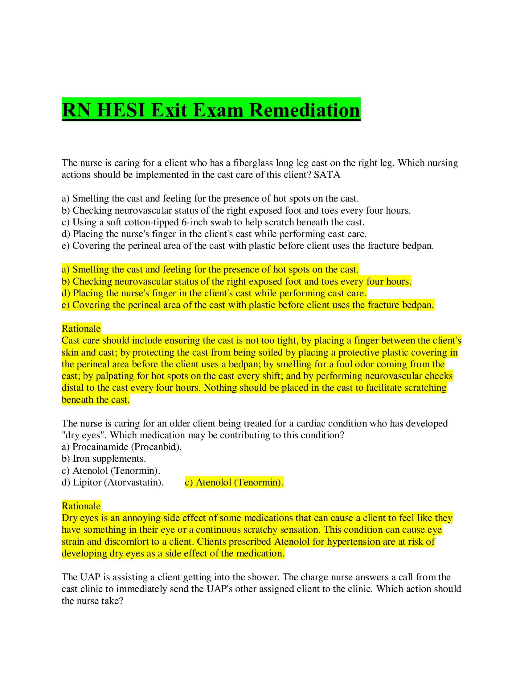 NR 222 RN HESI Exit Exam Remediation Question With Elaborated Answers