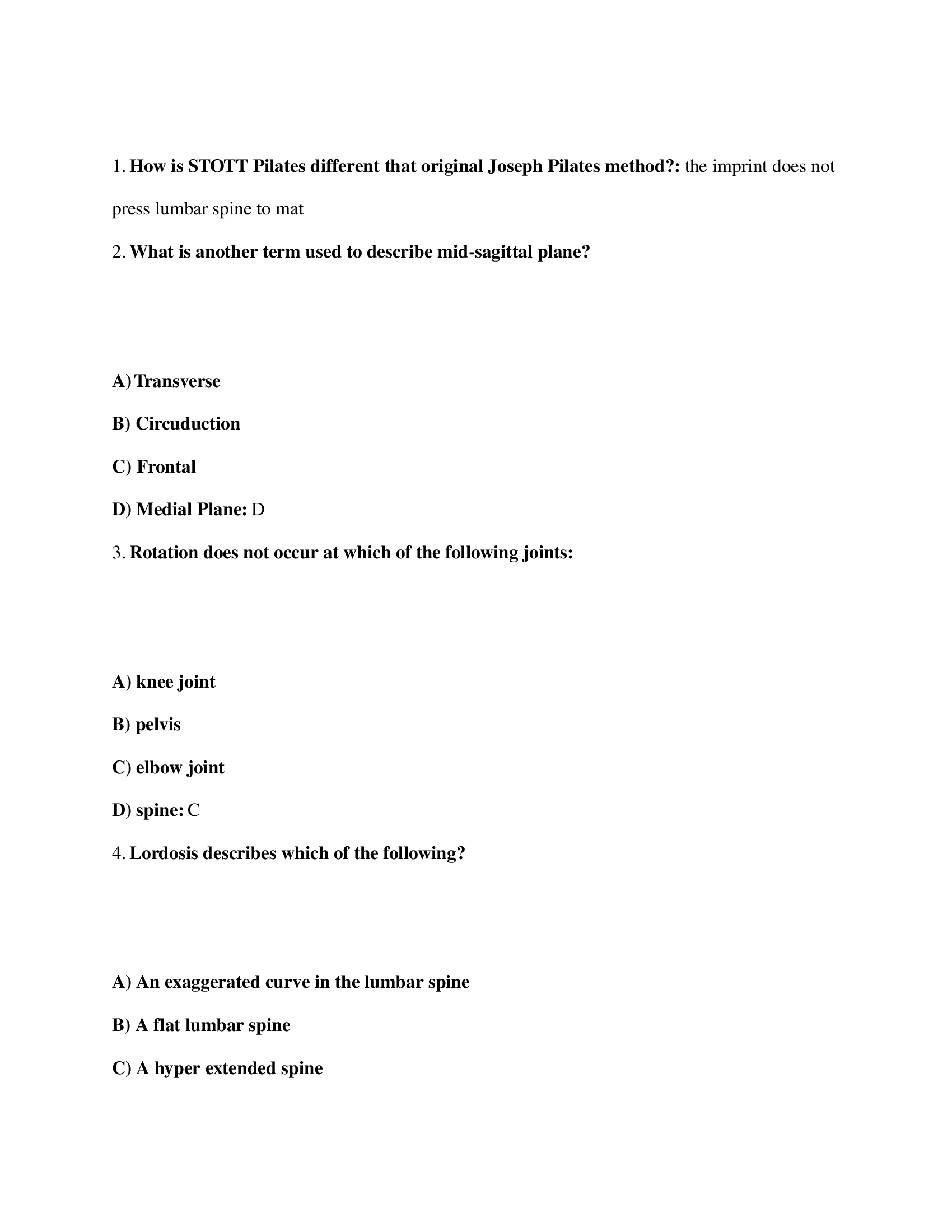 Stott Pilates Exam Practice Questions and Answers 2024