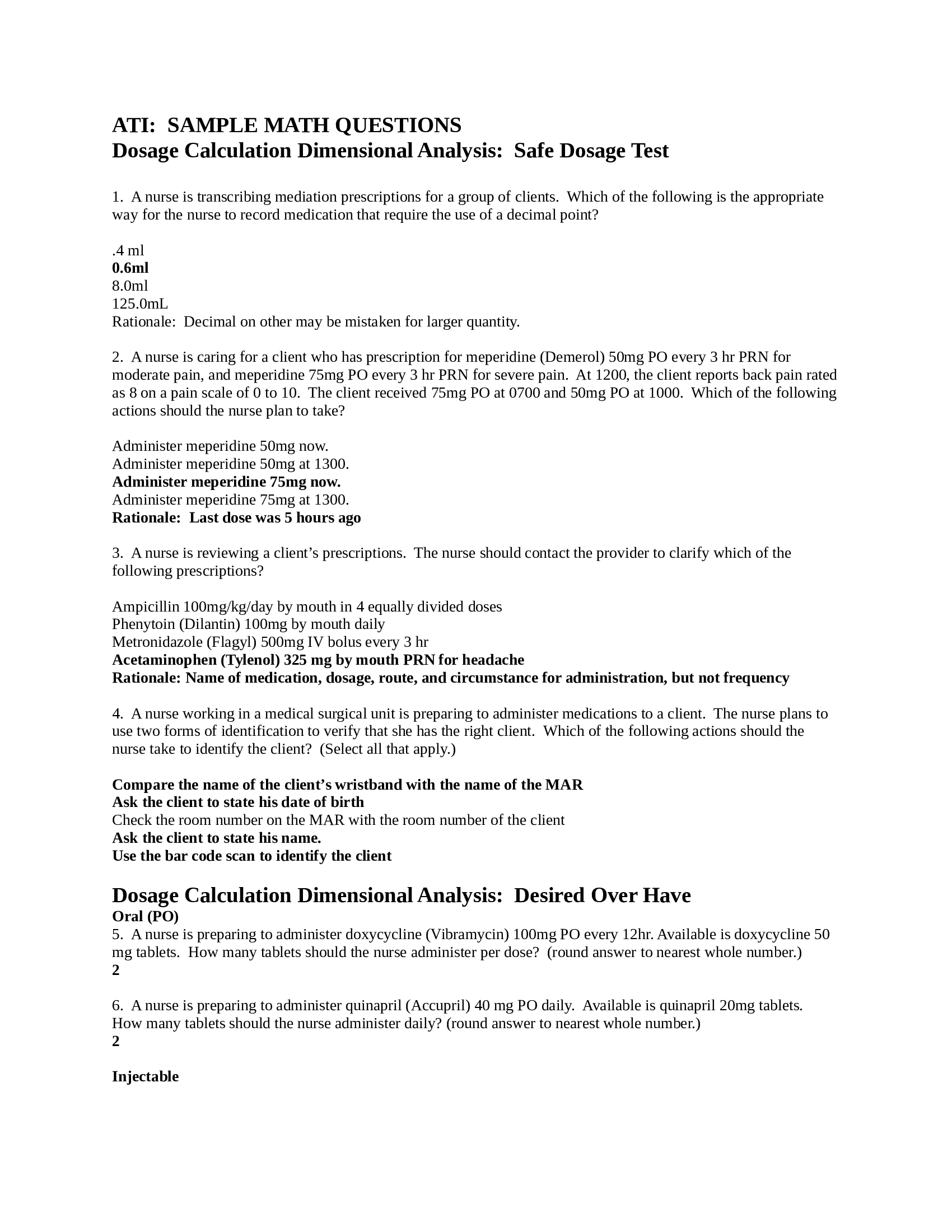 ATI SAMPLE MATH QUESTIONS Dosage Calculation Dimensional Analysis Safe Dosage Test