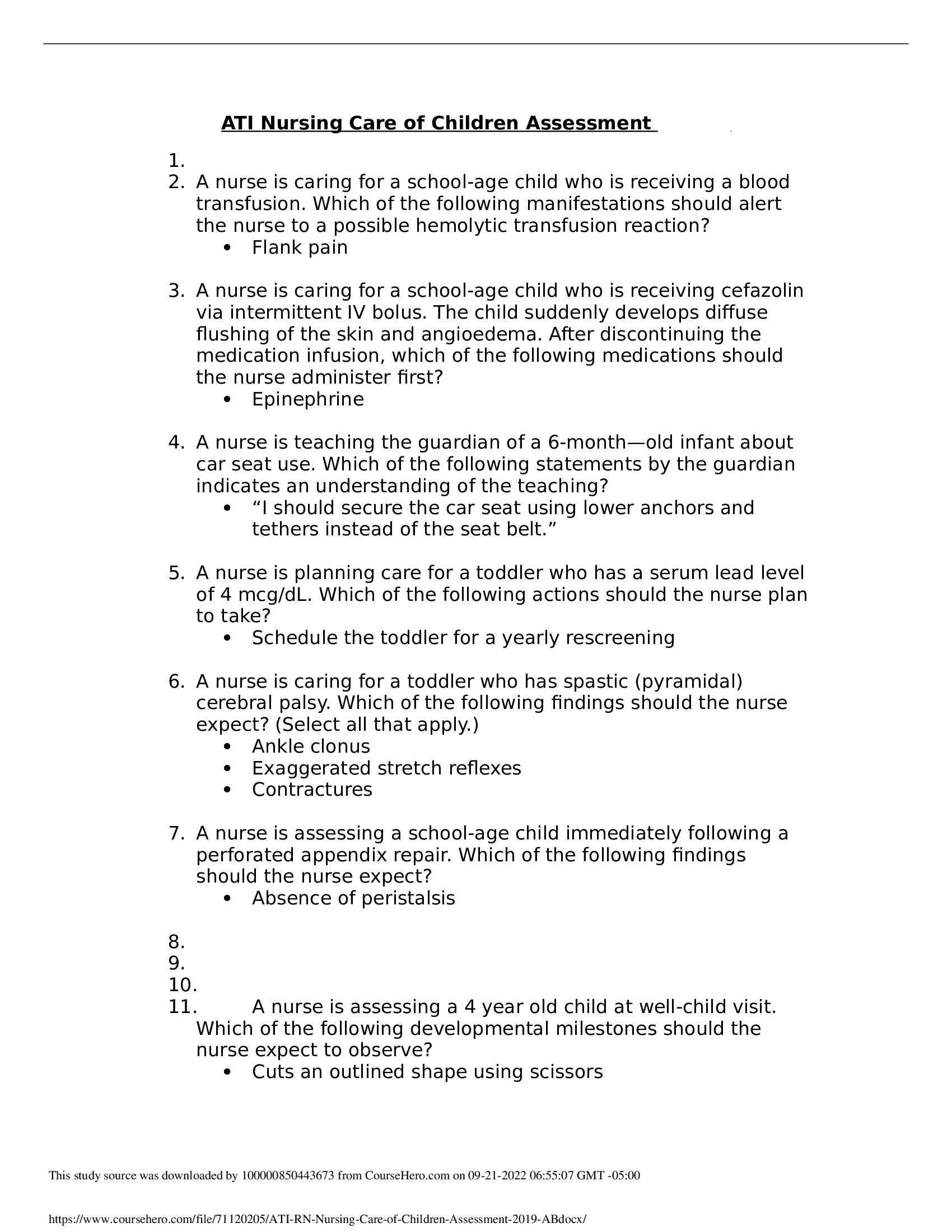 ATI RN Nursing Care of Children Assessment (A&B)