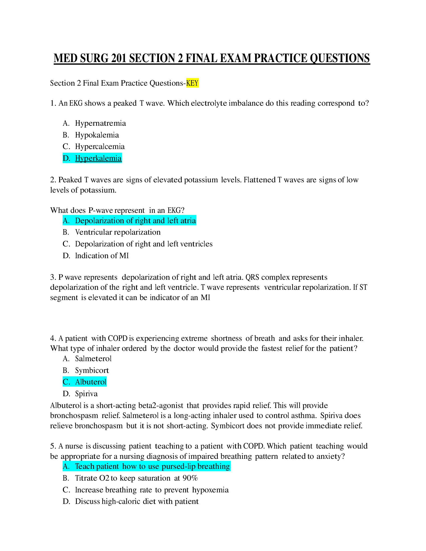 MED SURG 201 Section 2 Final Exam Practice Questions 2022.2023