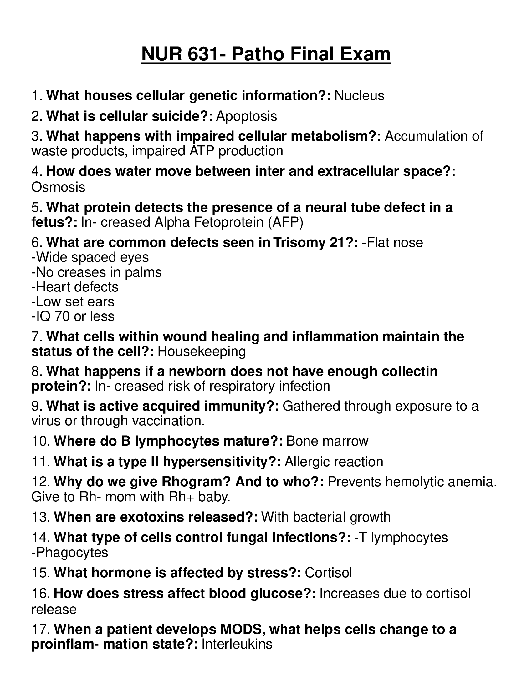 NUR 631- Patho Final Exam 2022, 2023