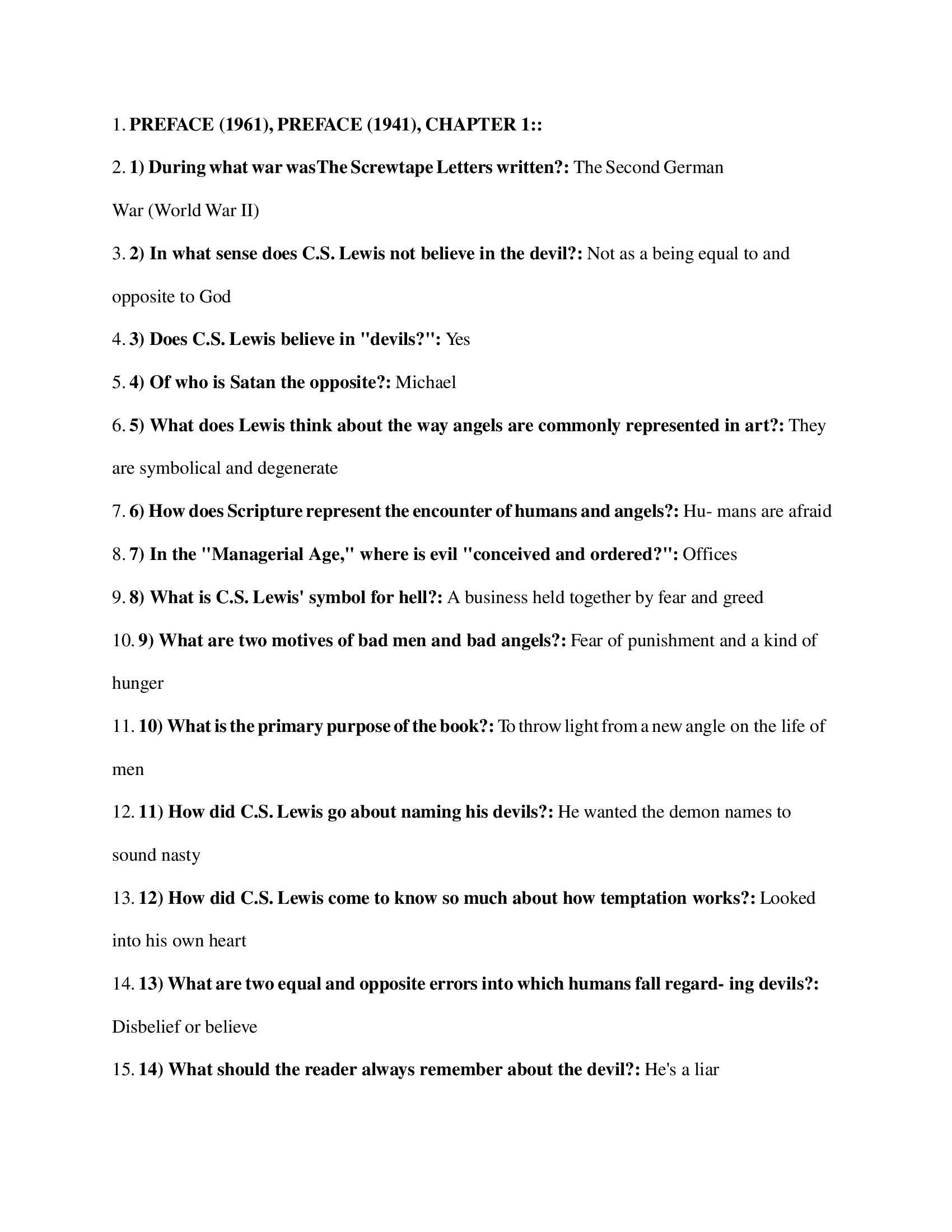 The Screwtape Letters by C.S. LEWIS Exam Questions and Answers