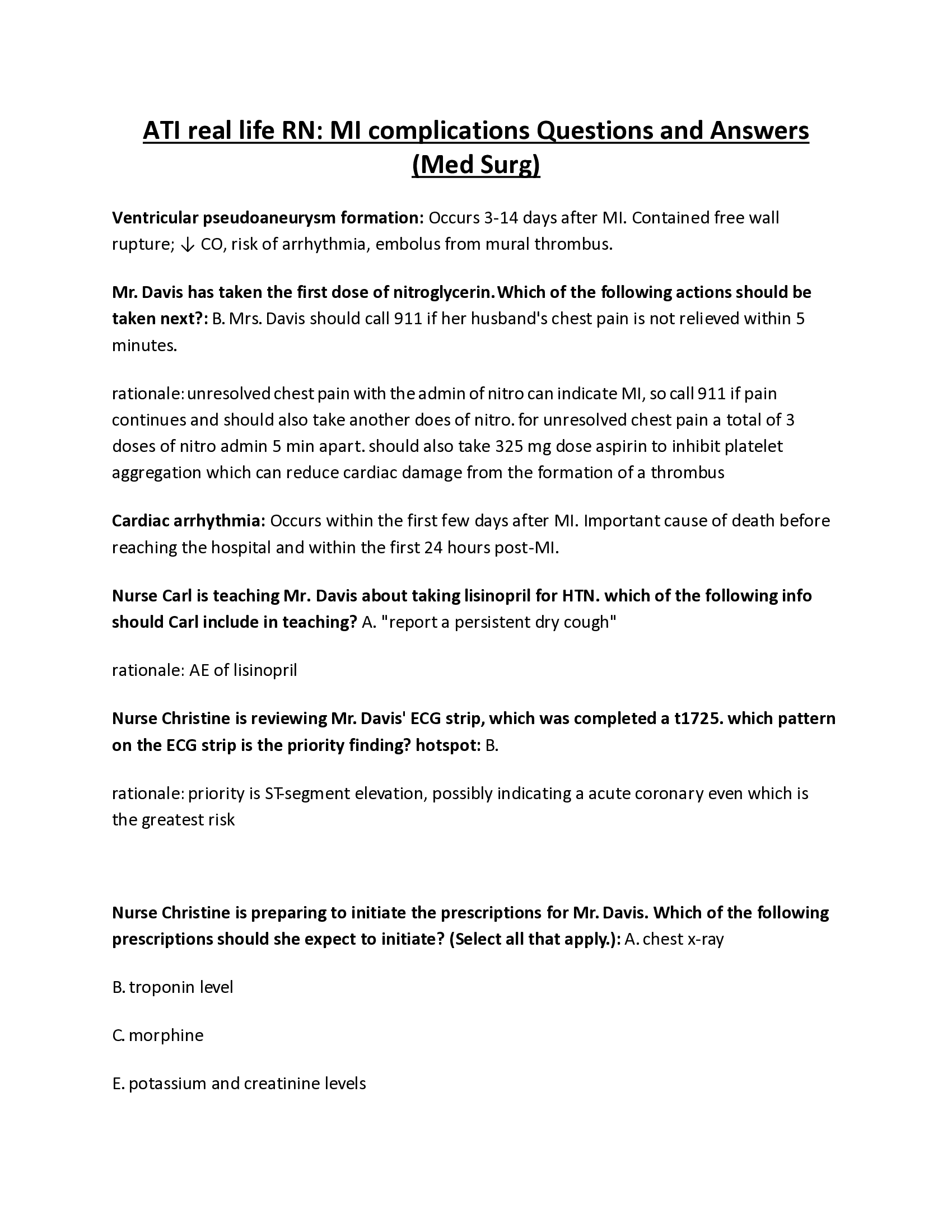 ATI real life RN, MI complications Questions and Answers (Med Surg)