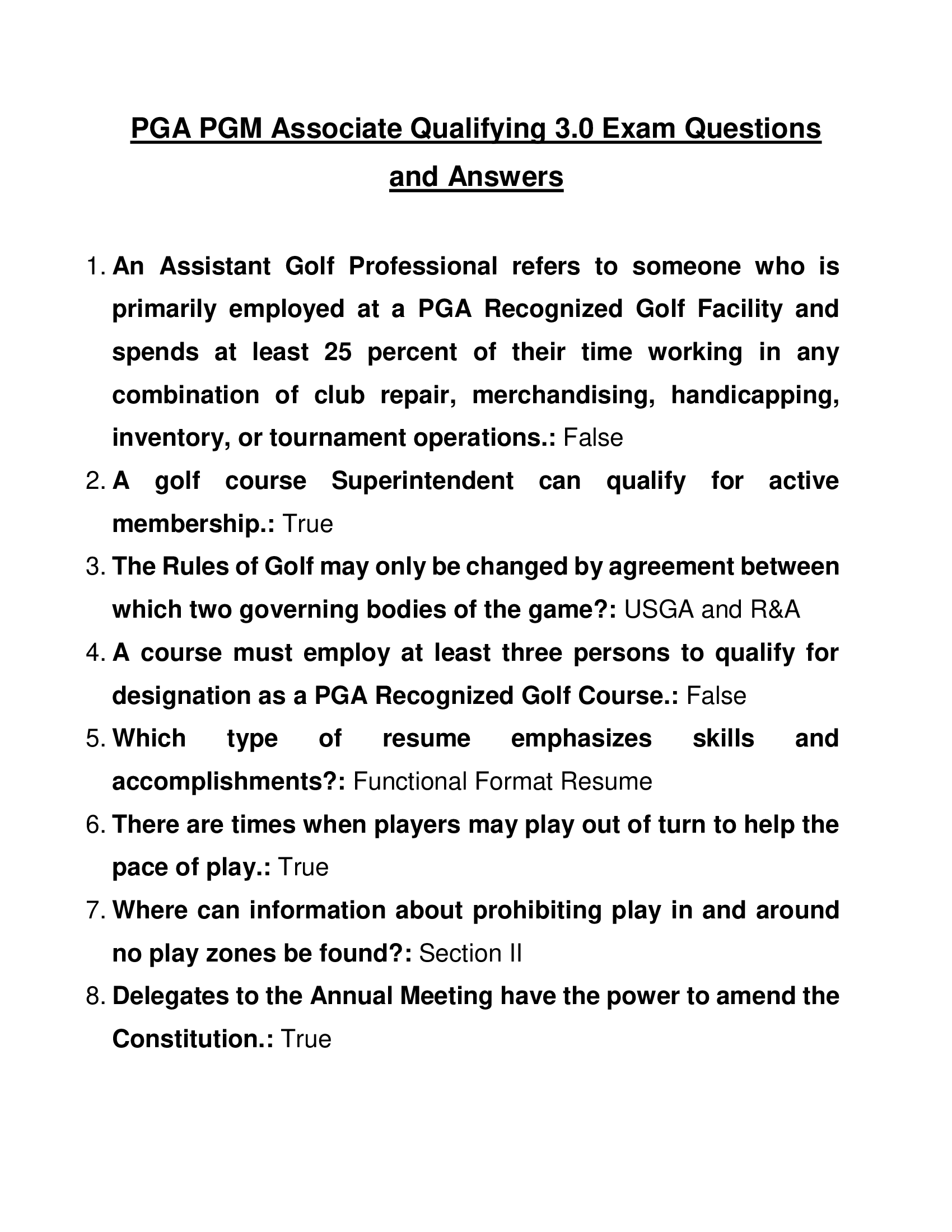 PGA PGM Associate Qualifying 3.0 Exam Questions and Answers