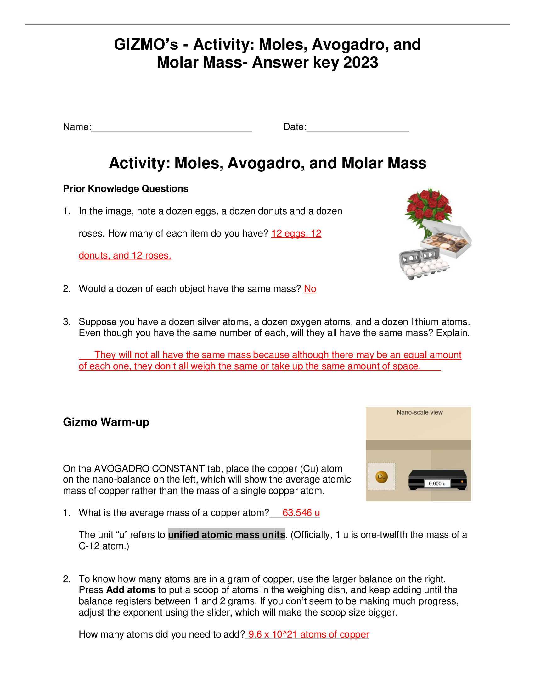 GIZMO’s - Activity Moles, Avogadro, and Molar Mass- Answer key 2023