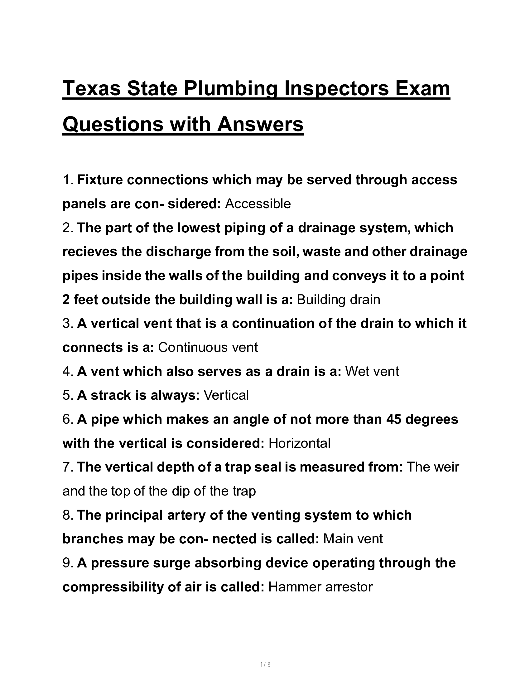 Texas State Plumbing Inspectors Exam Questions with Answers 2026