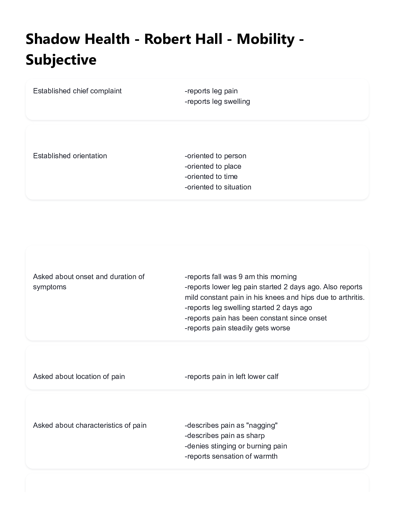 Shadow Health Robert Hall Mobility Subjective  Full Transcript & Verified Answers (2026)