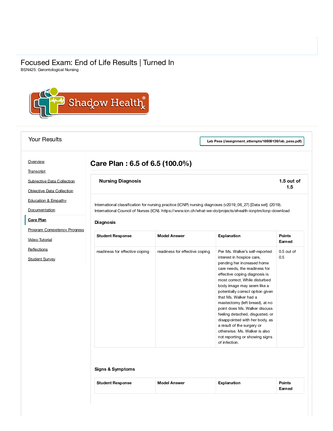 Shadow Health Regina Walker End of Life Overview & Scenario Results | 100% Score