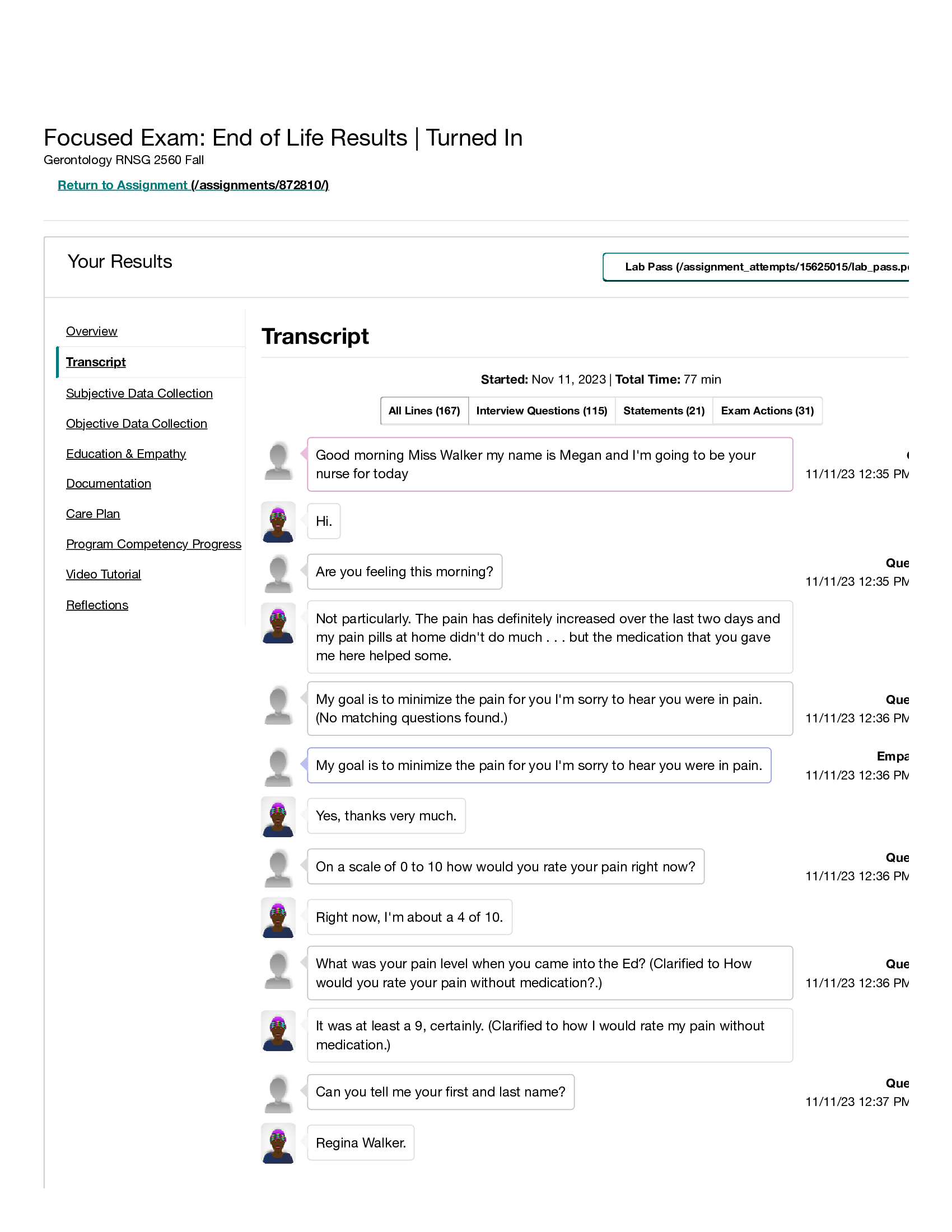 Regina Walker End of Life Shadow Health Transcript