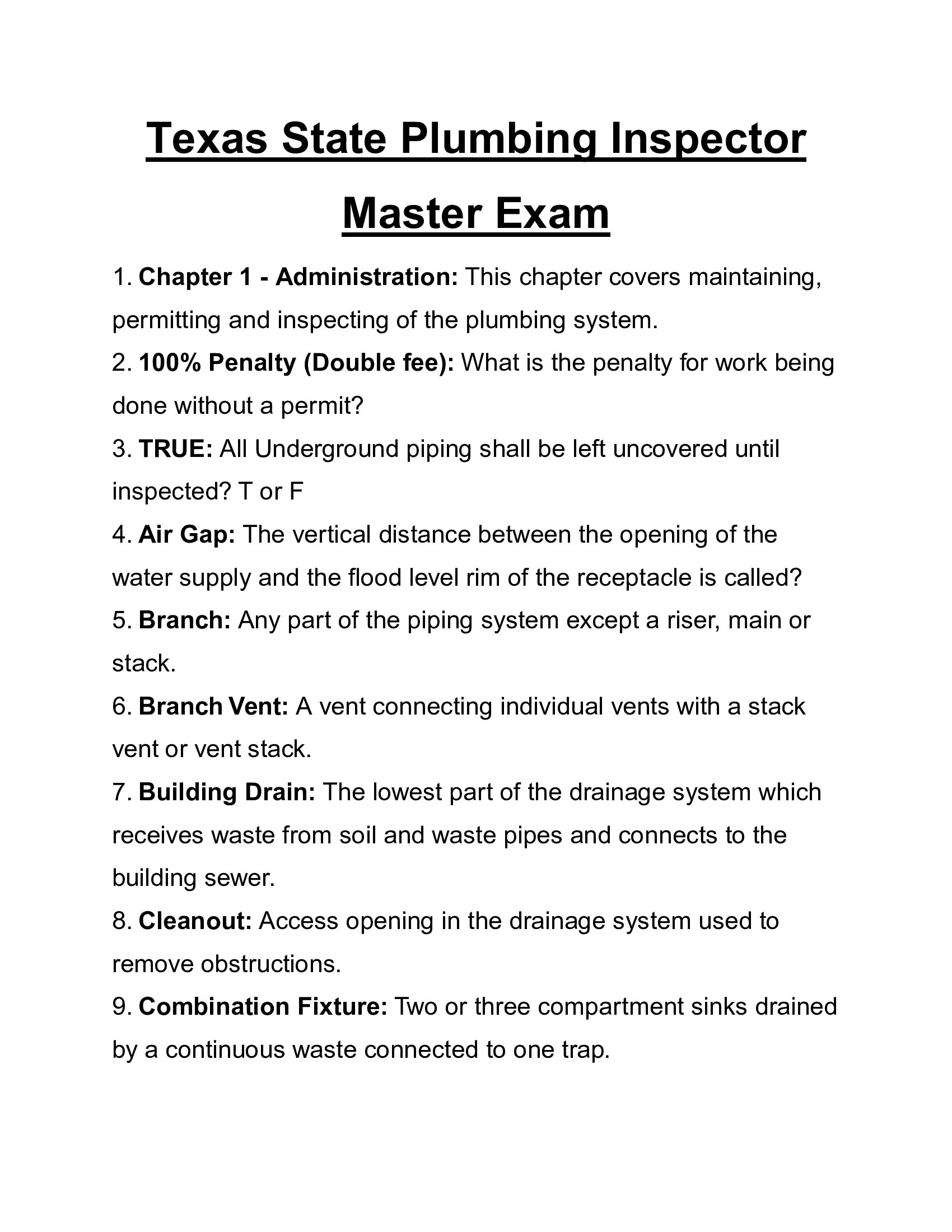 Texas State Plumbing Inspector Test, Master Exam 2026
