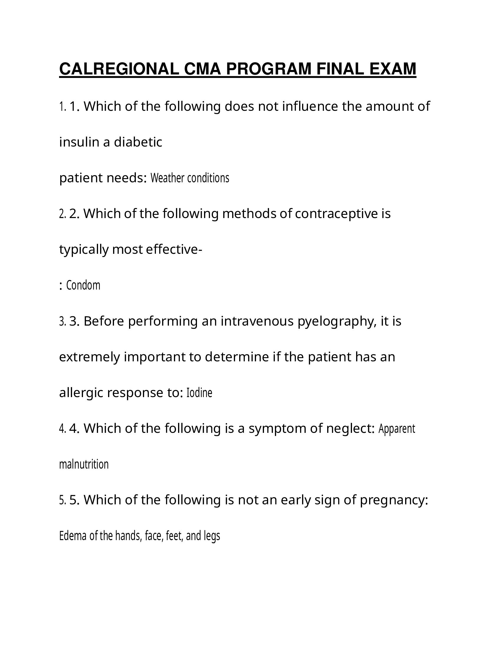 CAL REGIONAL CMA program Final Exam 2026–2026 (Clinical Medical Assistant)