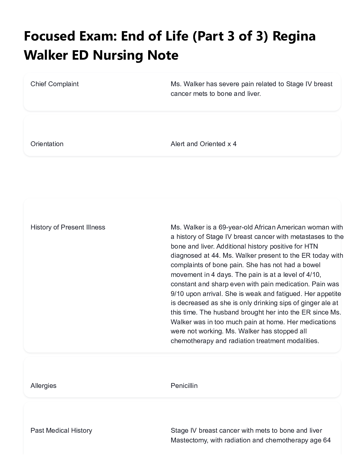 Regina Walker ED Nursing Note - Focused Exam End of Life (Part 3 of 3) | 2026 Verified