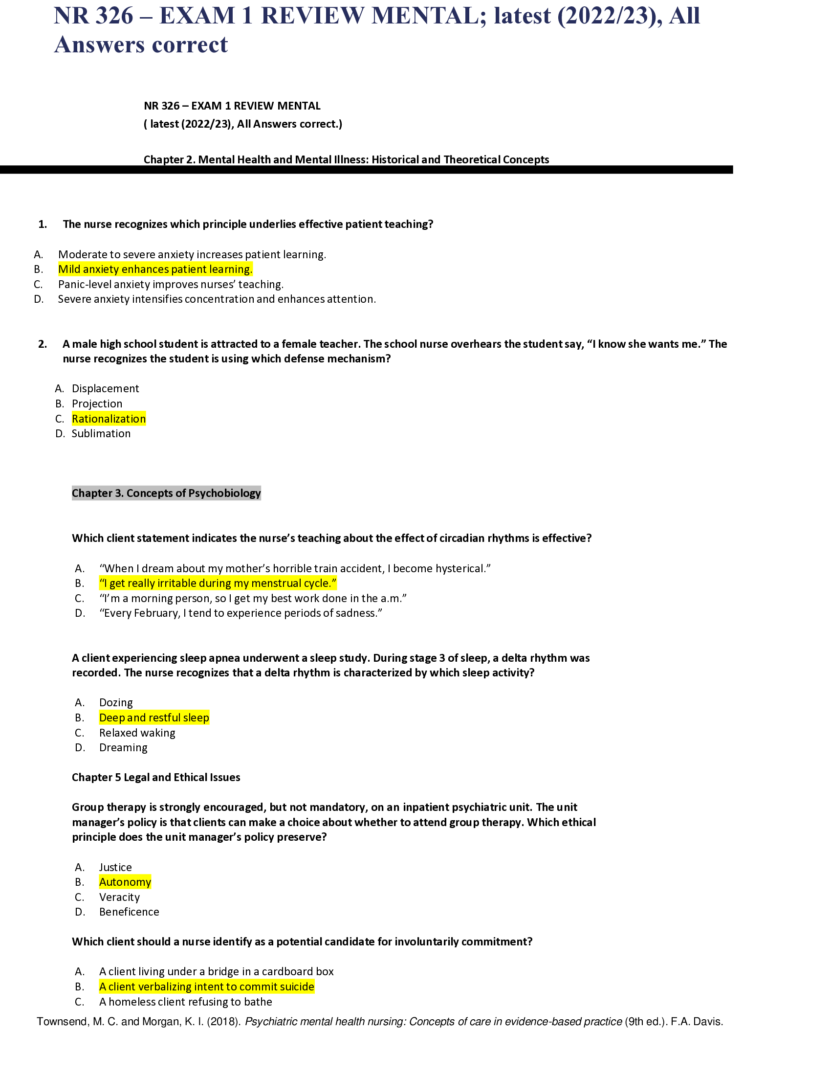 NR 326 – EXAM 1 REVIEW MENTAL; latest (2022, 23), All Answers correct