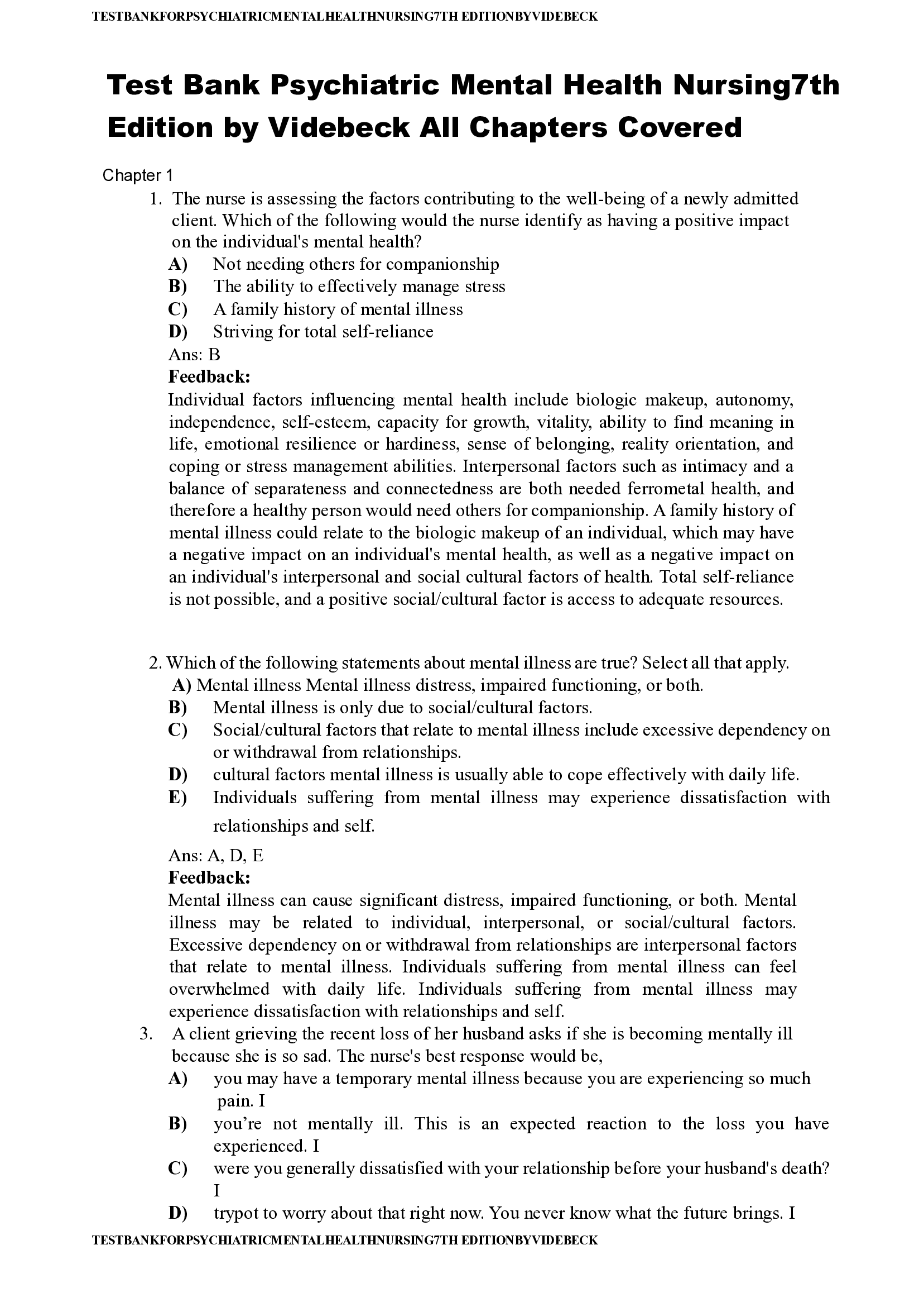 Test Bank for Psychiatric-Mental Health Nursing (7th Edition) by Sheila L. Videbeck | Latest Edition | Verified & Complete