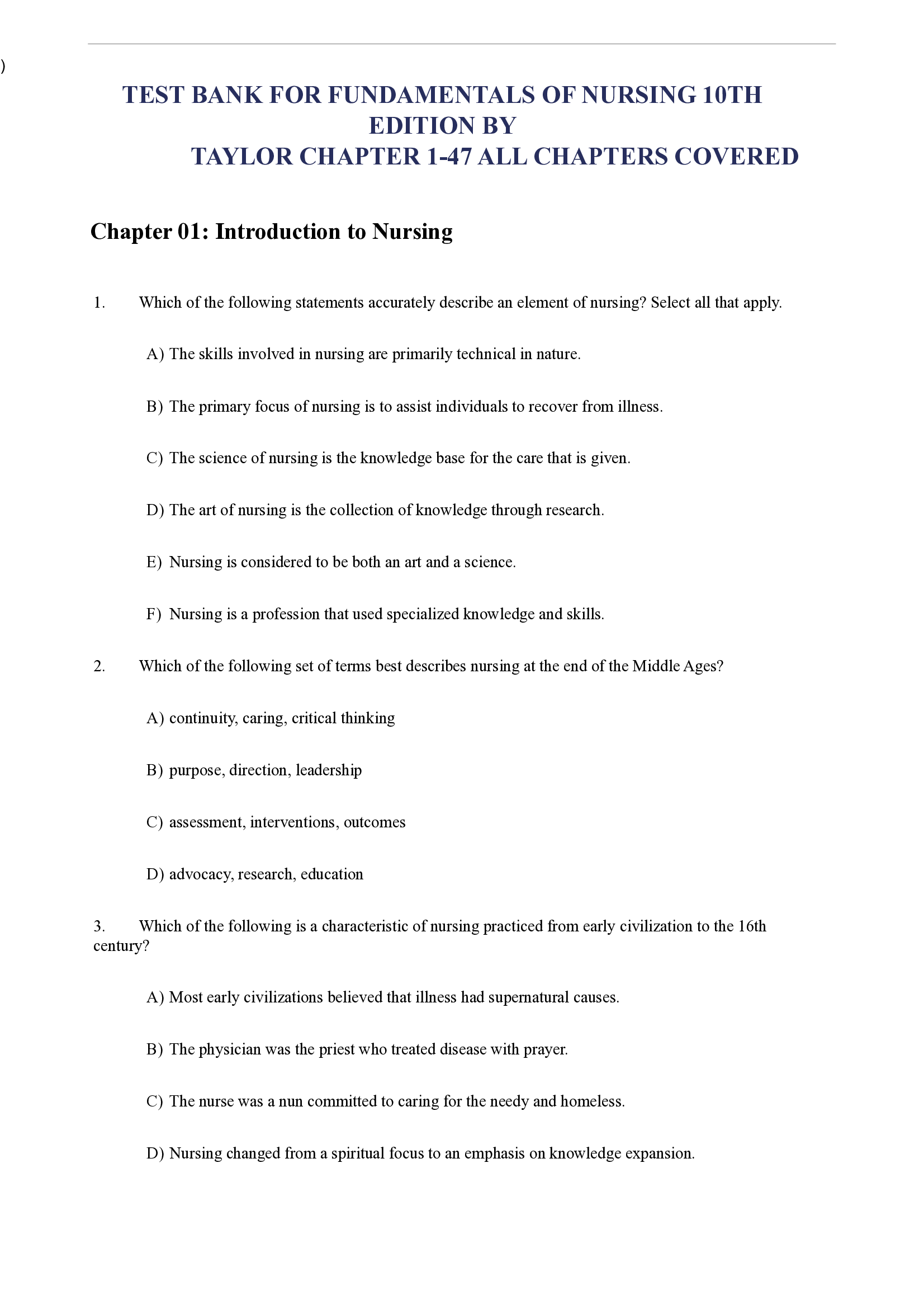 TEST BANK FOR FUNDAMENTALS OF NURSING 10TH EDITION ALL CHAPTERS COVERED GRADED A+