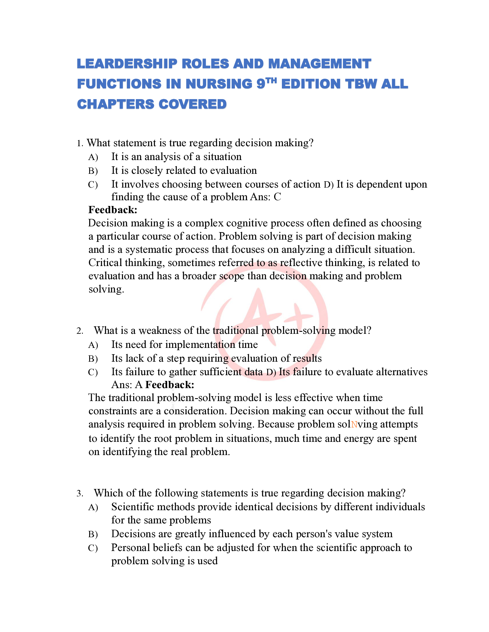 Test Bank for Leadership Roles and Management Functions in Nursing (9th Edition) | All Chapters Covered | Complete & Verified