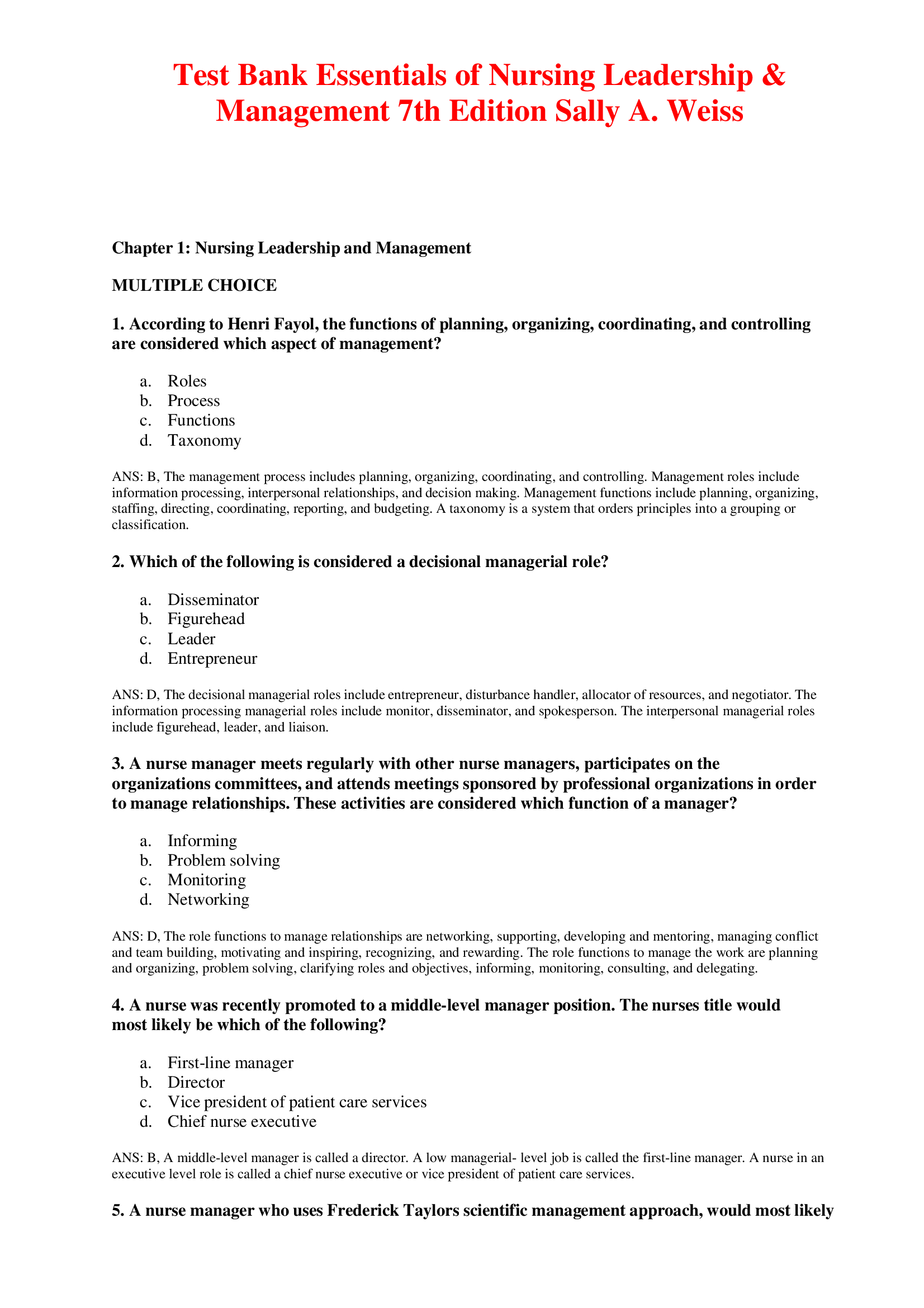 Test Bank Essentials of Nursing Leadership & Management 7th Edition Sally A., Exams of Health sciences | Latest Update