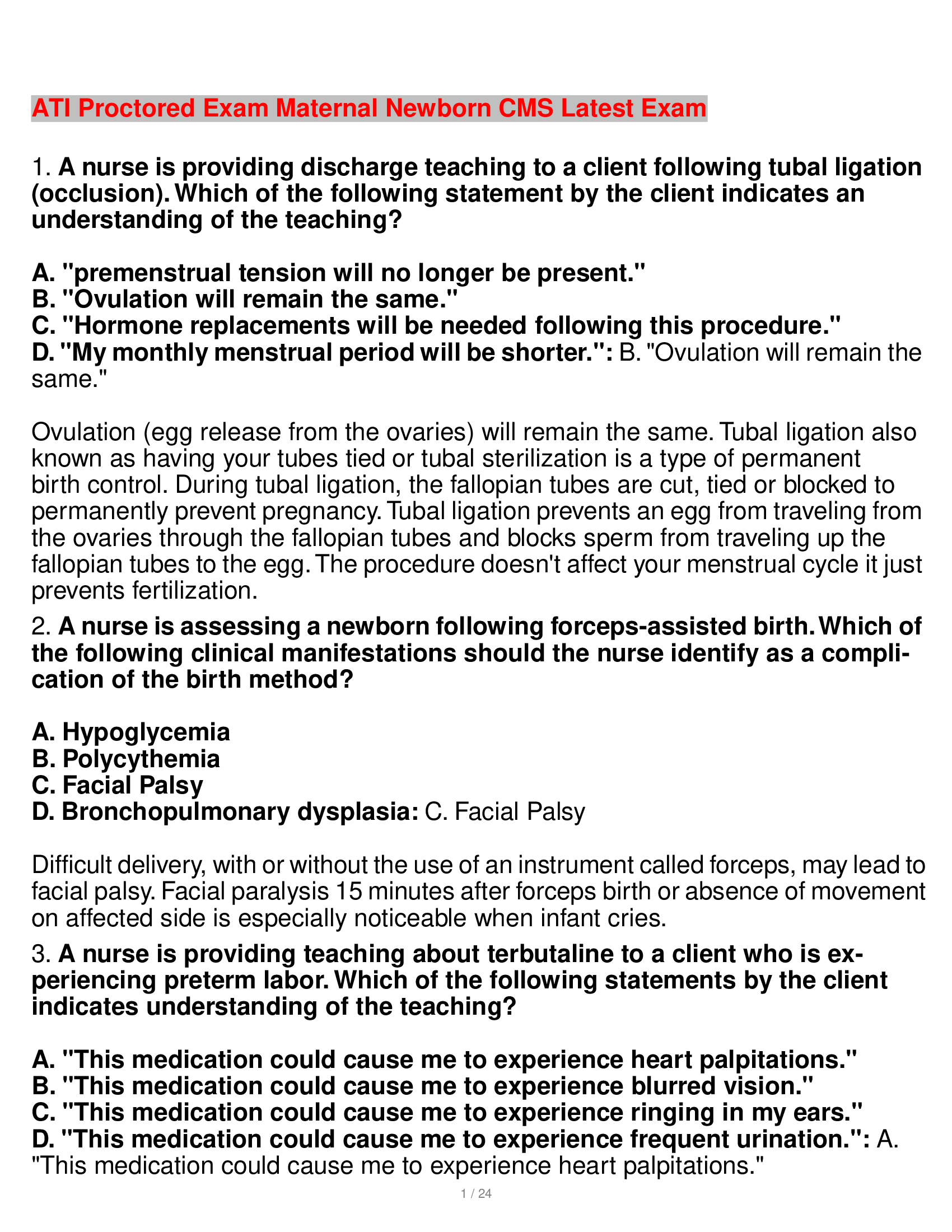 ATI Proctored Exam Maternal Newborn CMS Latest Exam