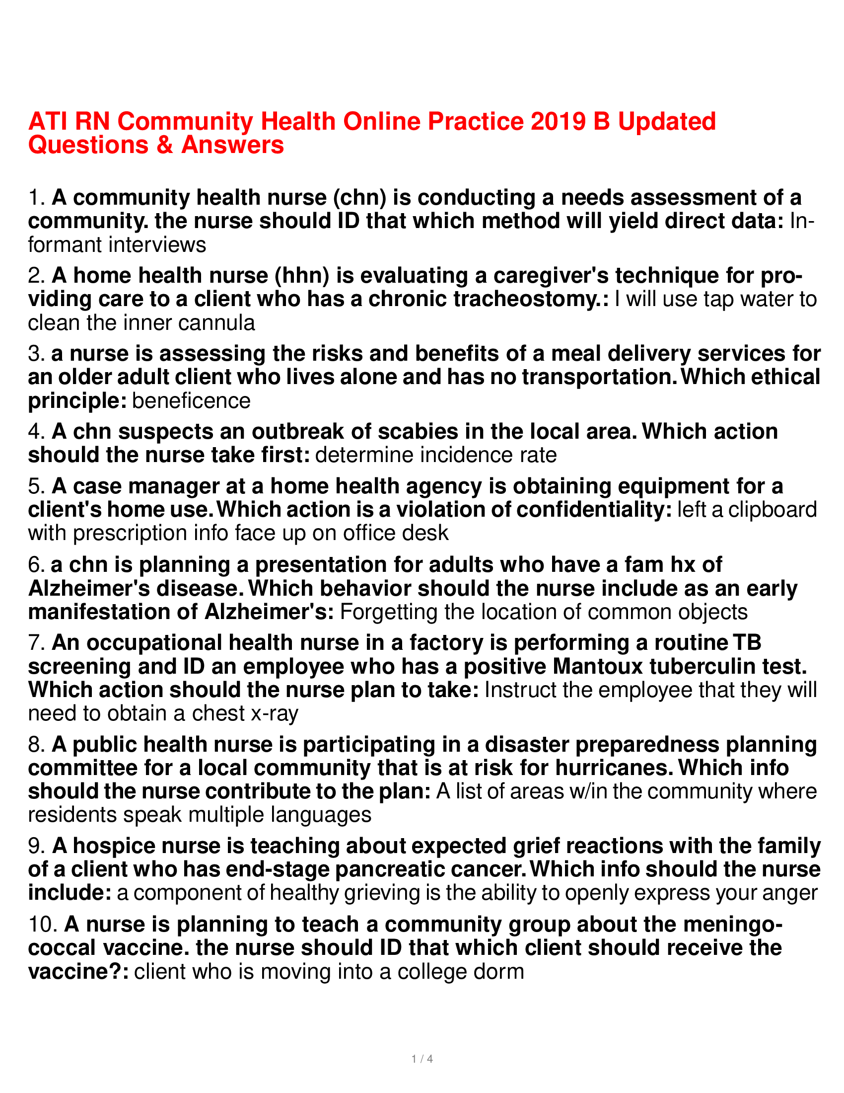 ATI RN Community Health Online Practice 2019 B Updated Questions & Answers