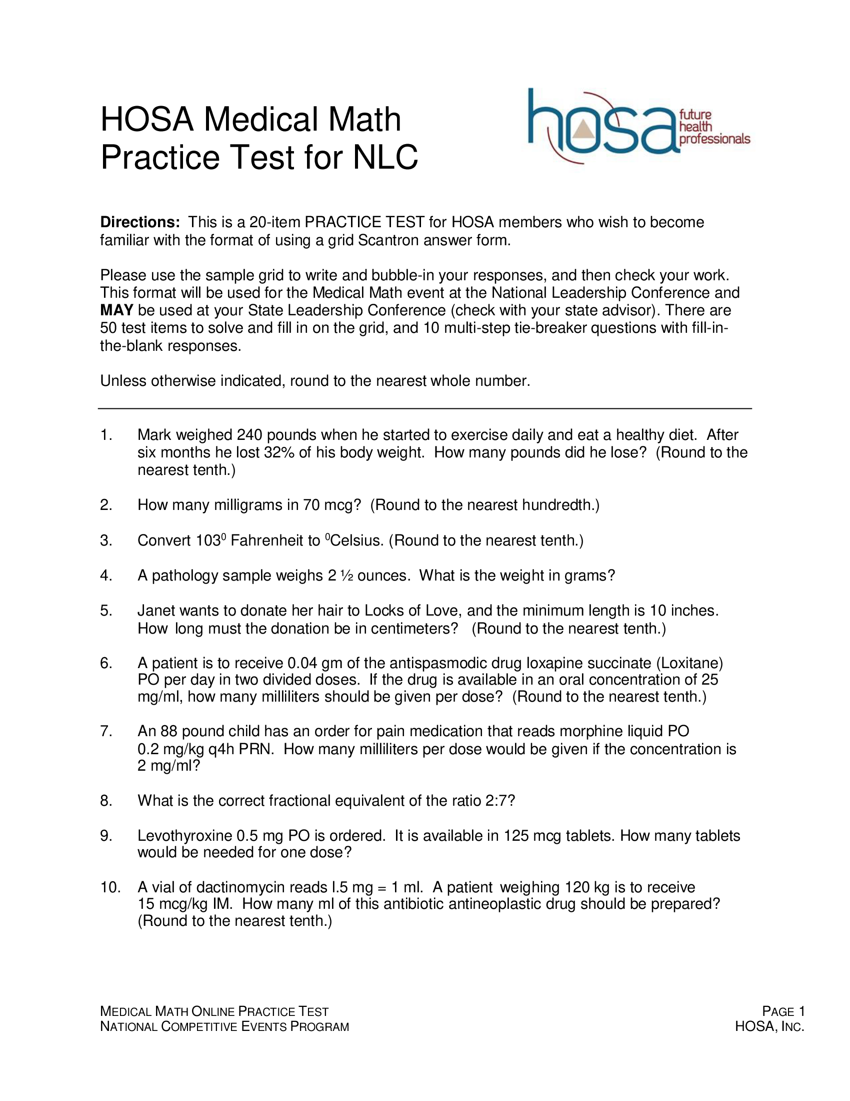 HOSA Medical Math Practice Test for NLC