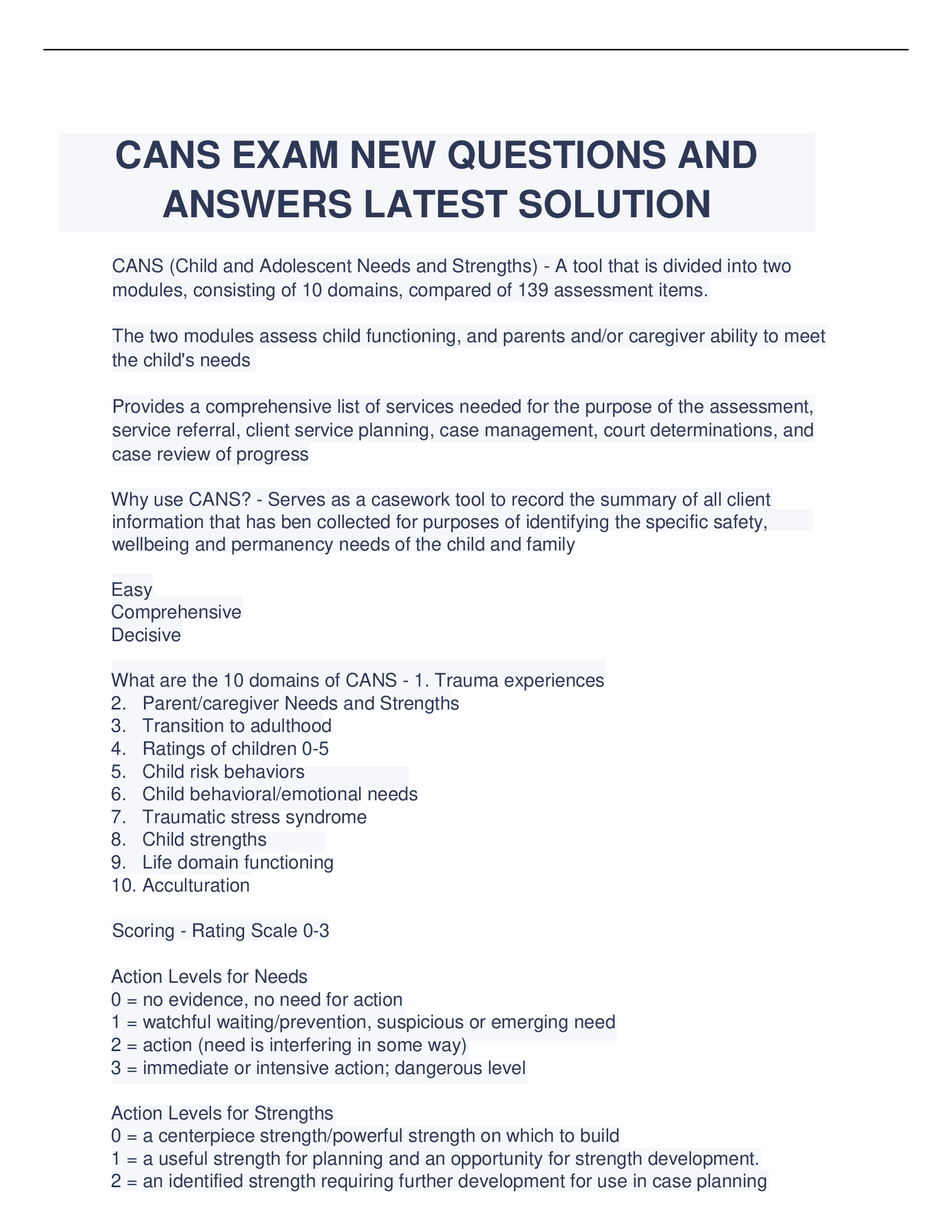 CANS Exam New Questions and Answers Latest Solution