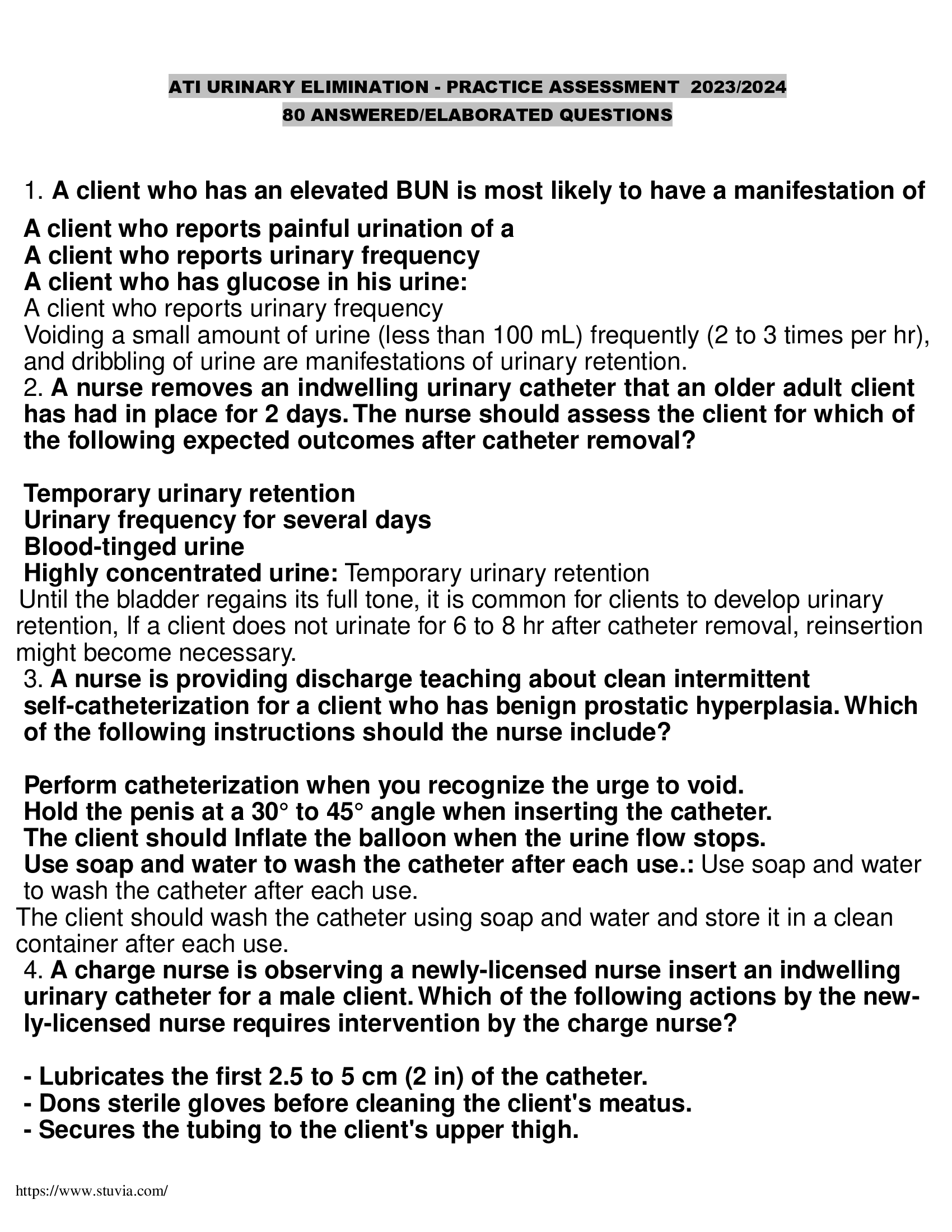 ATI Urinary Elimination - Practice Assessment 80 Answered-Elaborated Questions