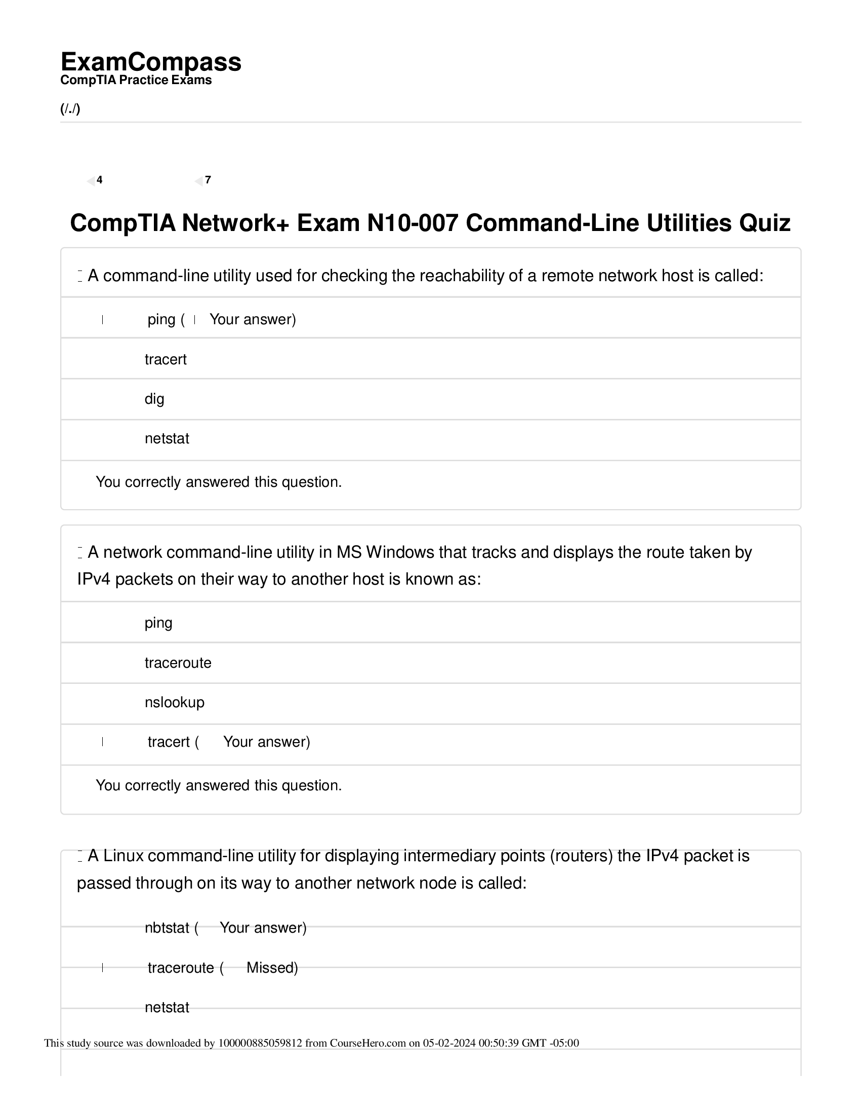 CompTIA Network+ Exam N10-007 Command-Line Utilities Quiz 2024