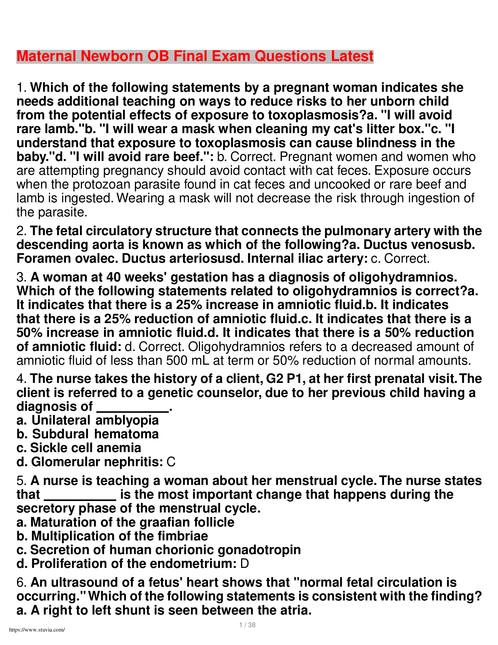 Maternal Newborn OB Final Exam Questions