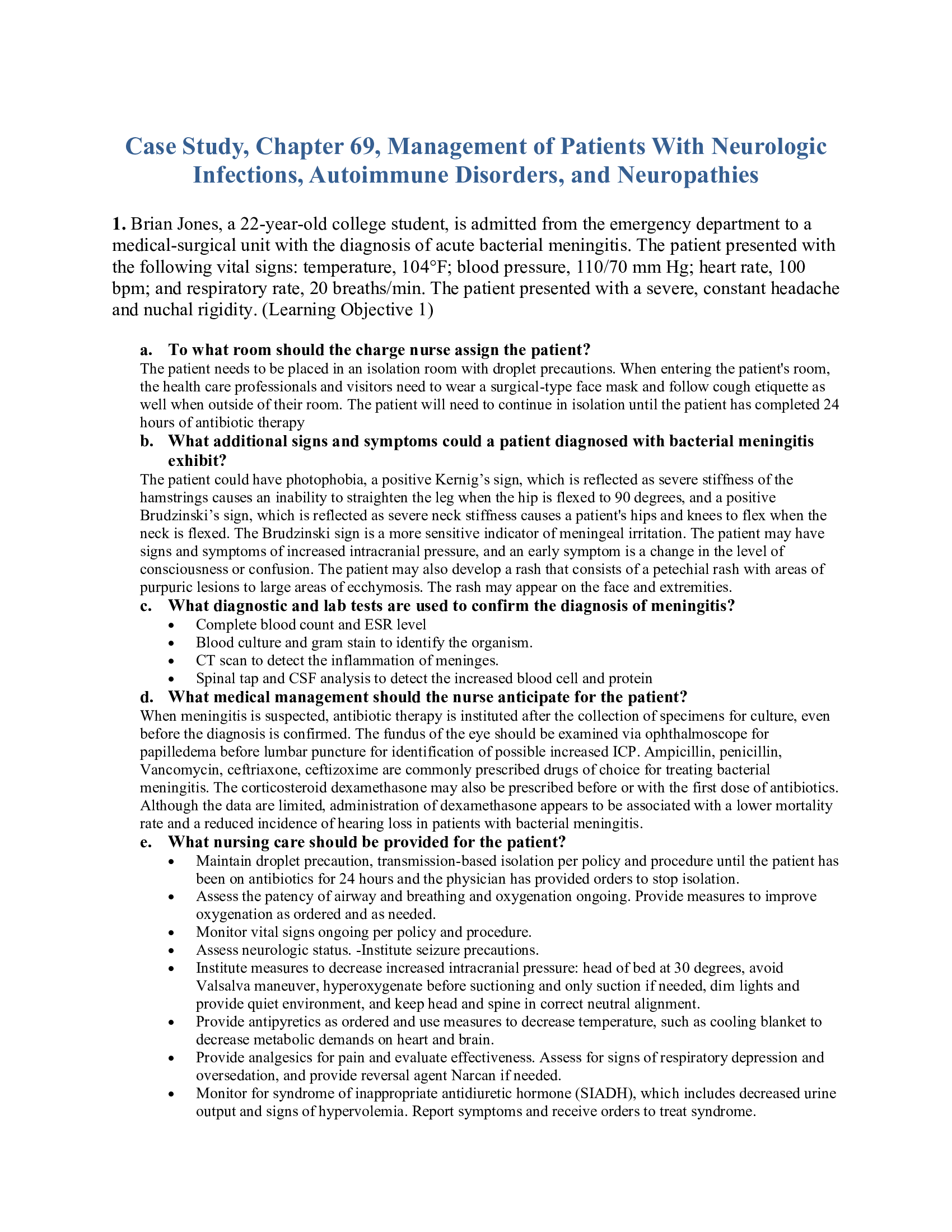 Case Study #10 MeningitisNUR245 Case Study, Chapter 69