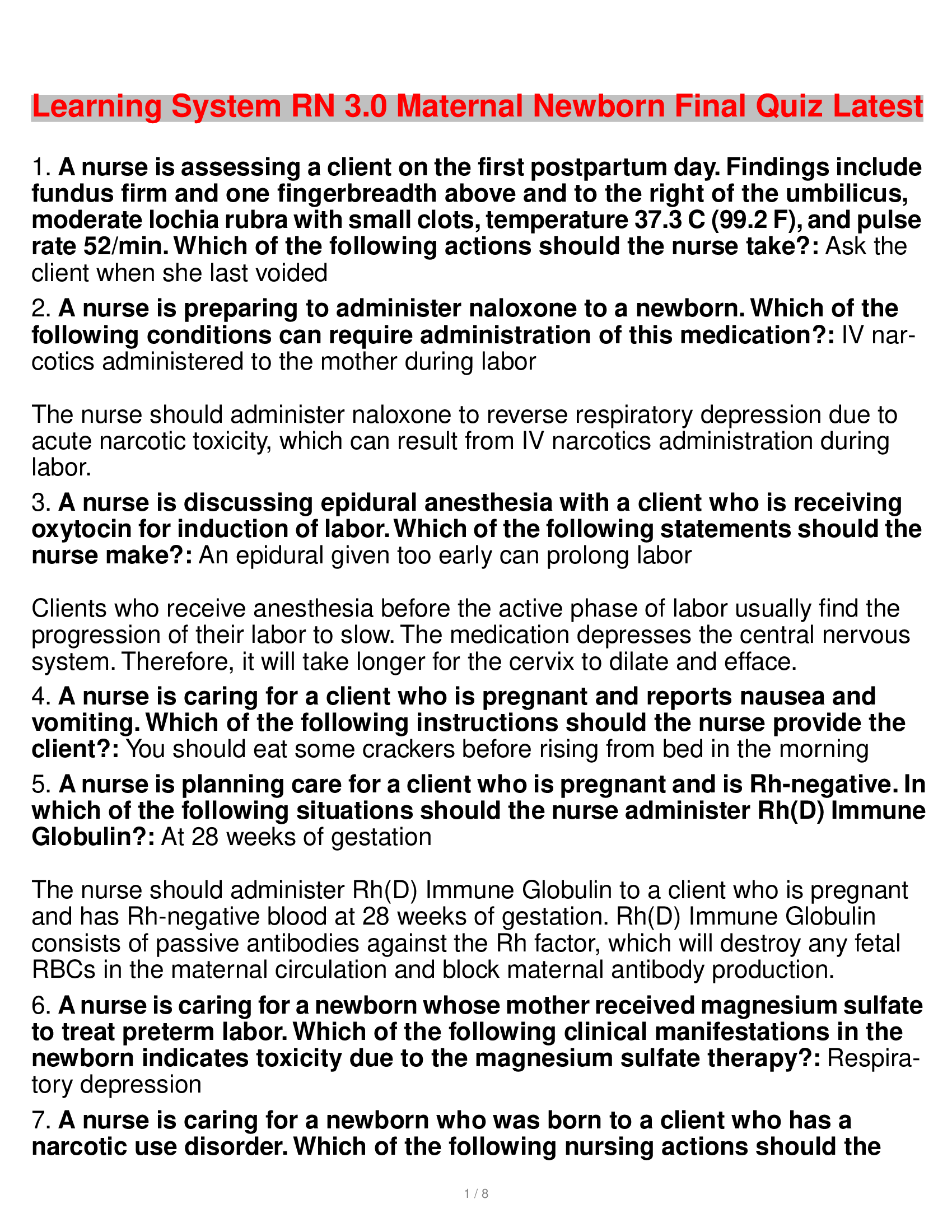 Learning System RN 3.0 Maternal Newborn Final Quiz