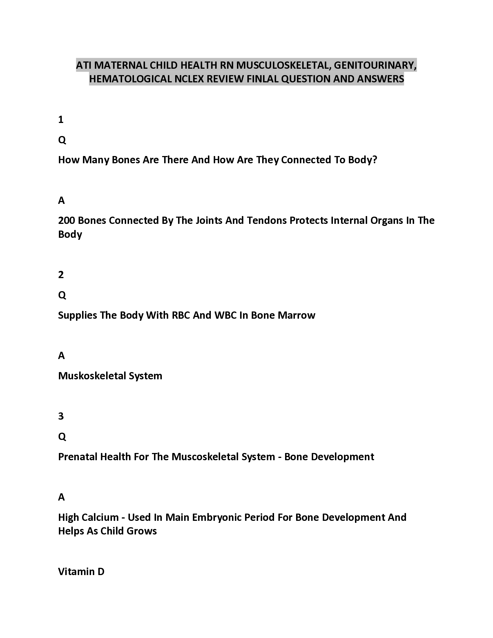 ATI Maternal Child Health Rn Musculoskeletal, Genitourinary, Hematological NCLEX Review Final Question and Answers