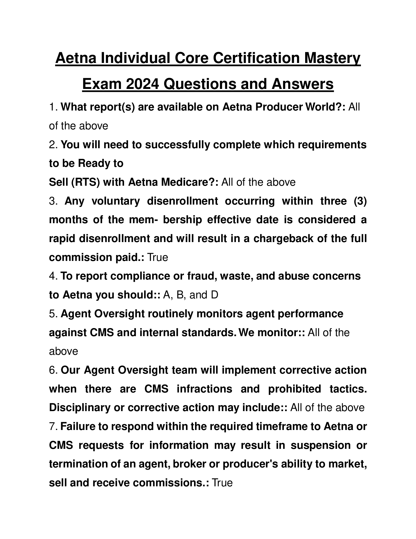 Aetna Individual Core Certification Mastery Exam 2024 Questions and Answers