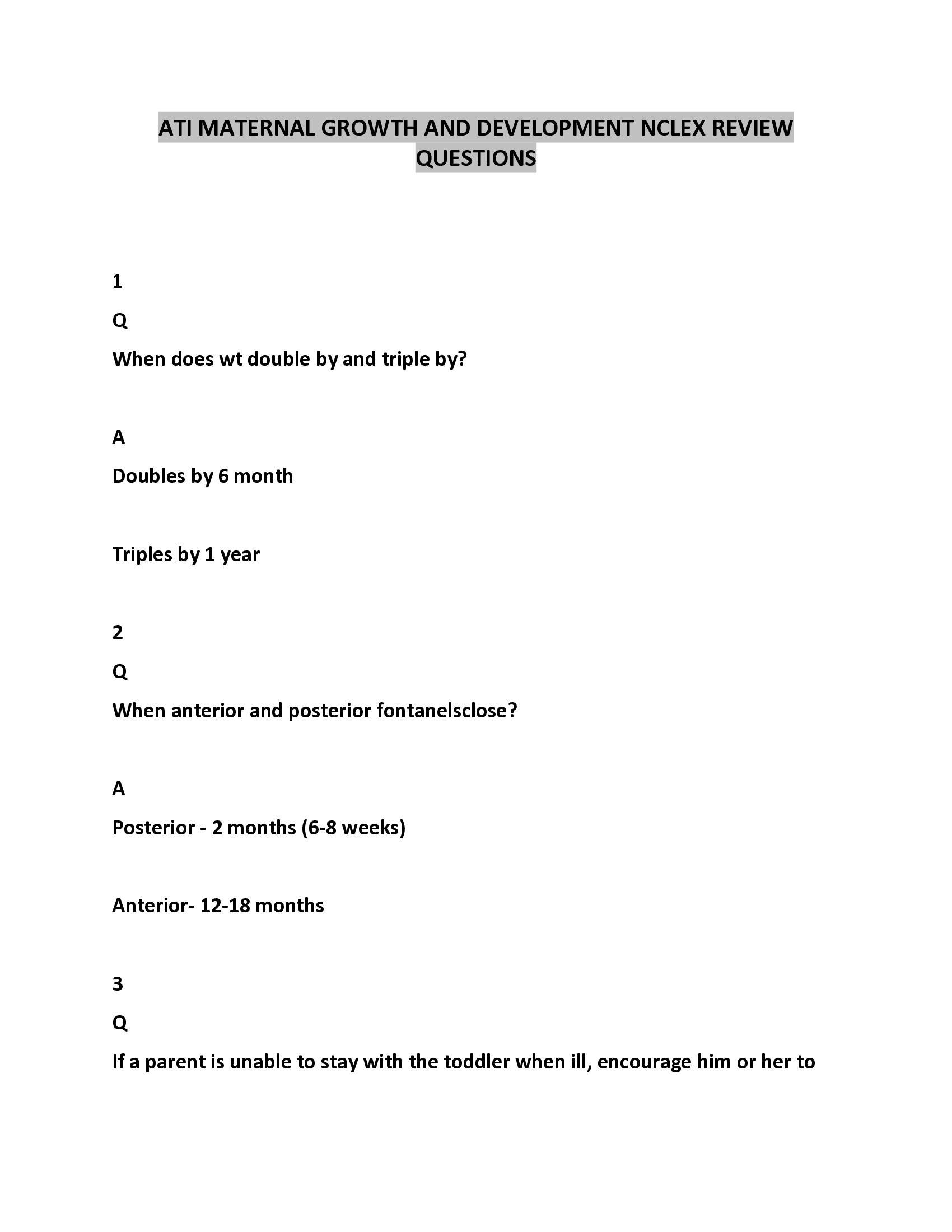 ATI RN Maternal Child Health Growth and Development NCLEX Review Questions