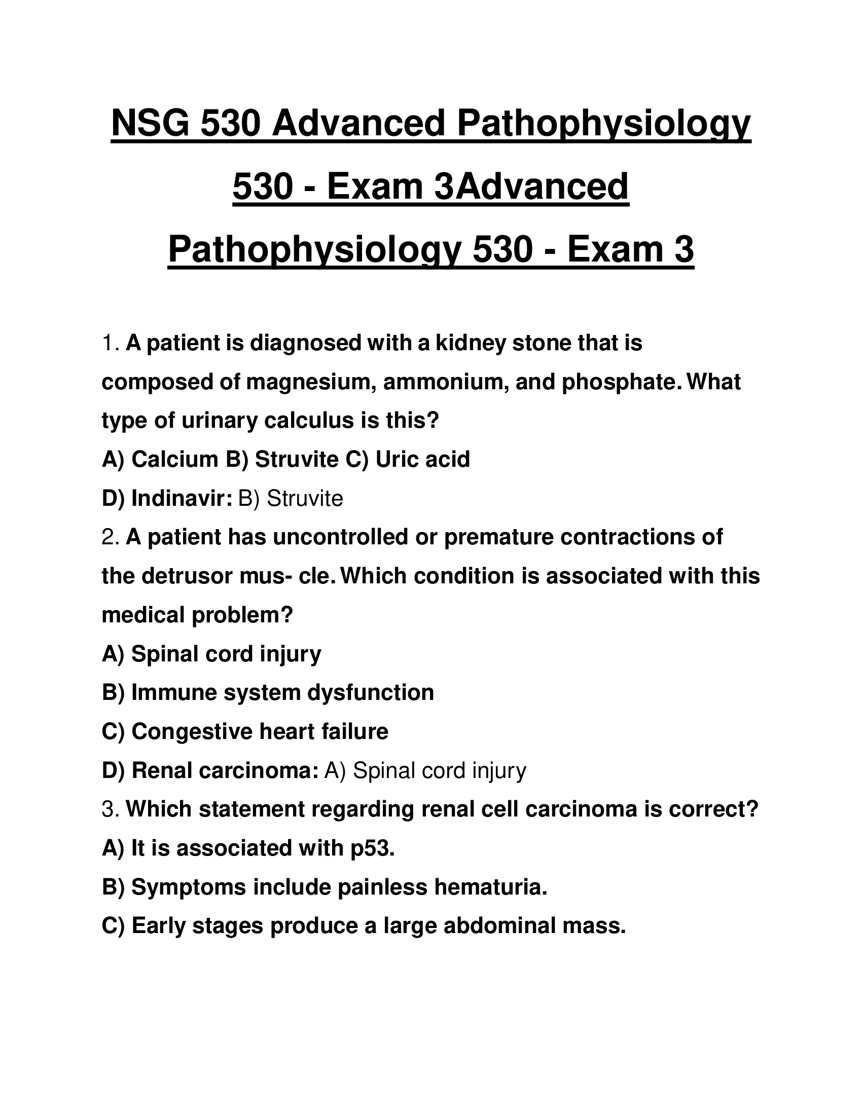 NSG 530 Advanced Pathophysiology 530 - Exam 3Advanced Pathophysiology 530 - Exam 3