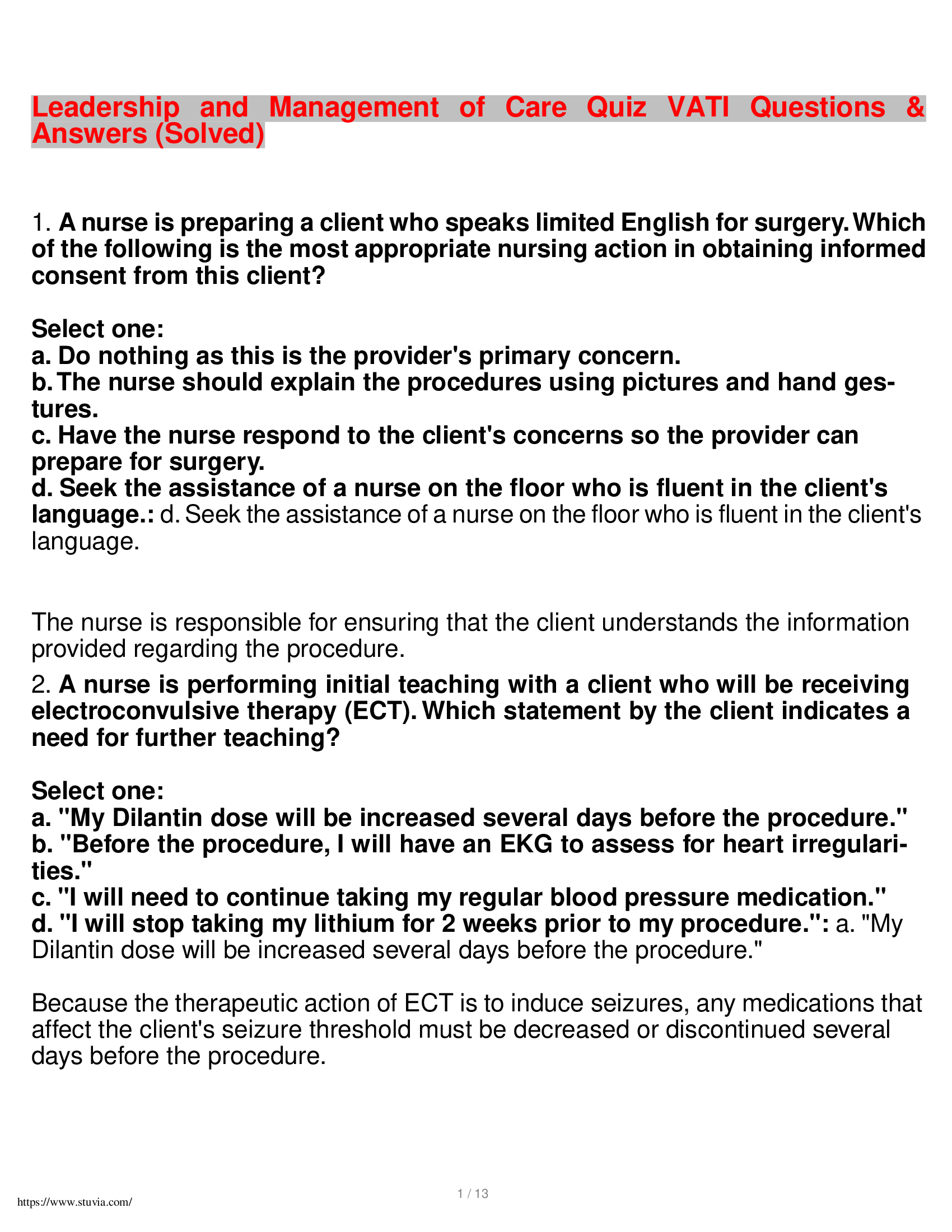 Leadership and Management of Care Quiz VATI Questions & Answers (Solved)
